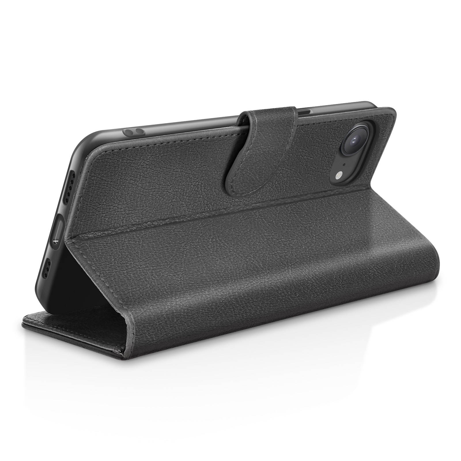 Étui de téléphone en cuir noir ouvert, montrant l'arrière du téléphone.