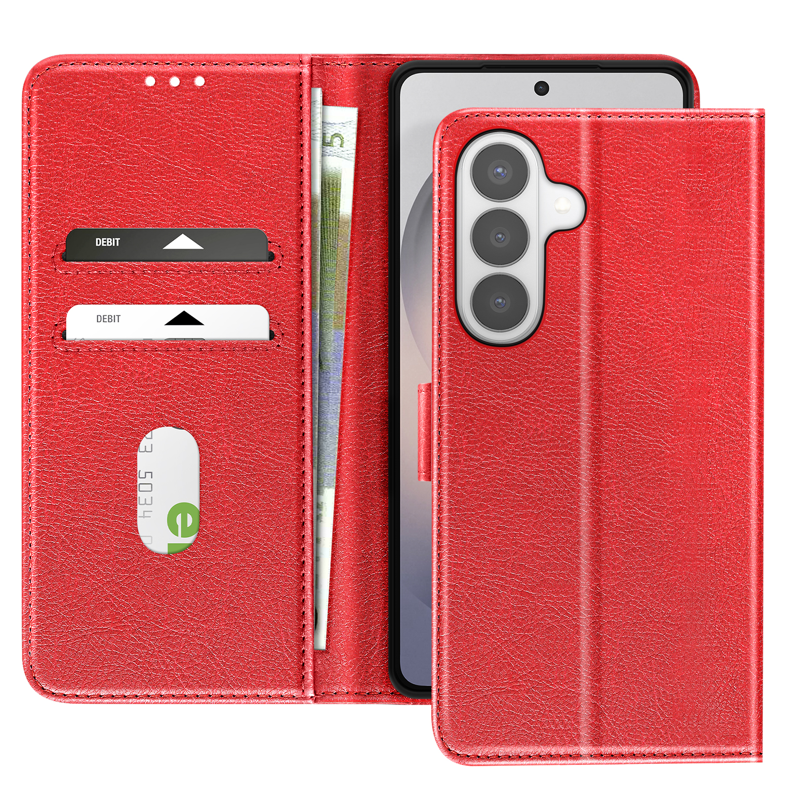 Custodia a libro rossa in pelle con slot per carte, banconote e fotocamere.