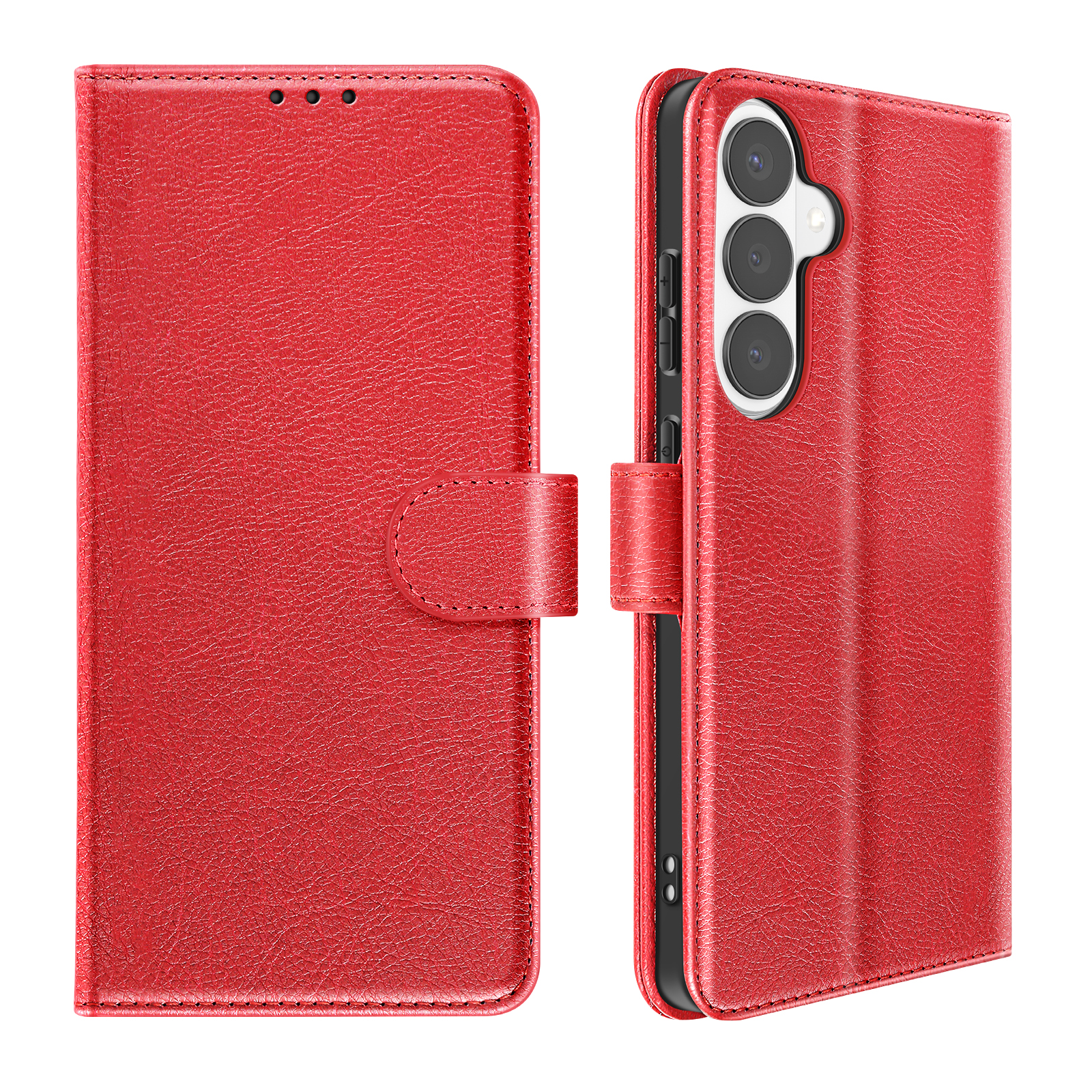 Custodia a libro in pelle rossa per uno smartphone con tre fotocamere.