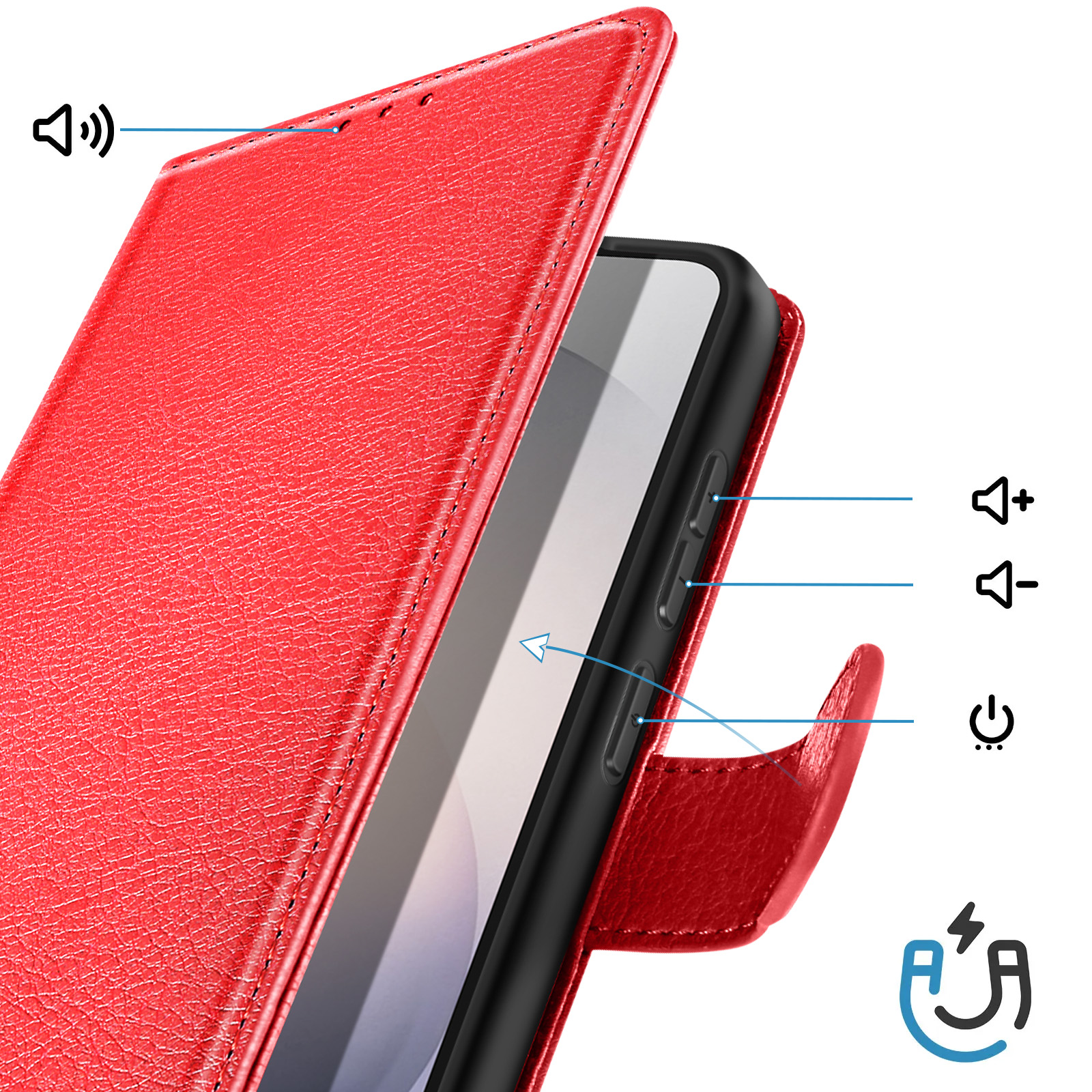 Custodia rossa per telefono con icone volume, accensione e indicatore di carica.
