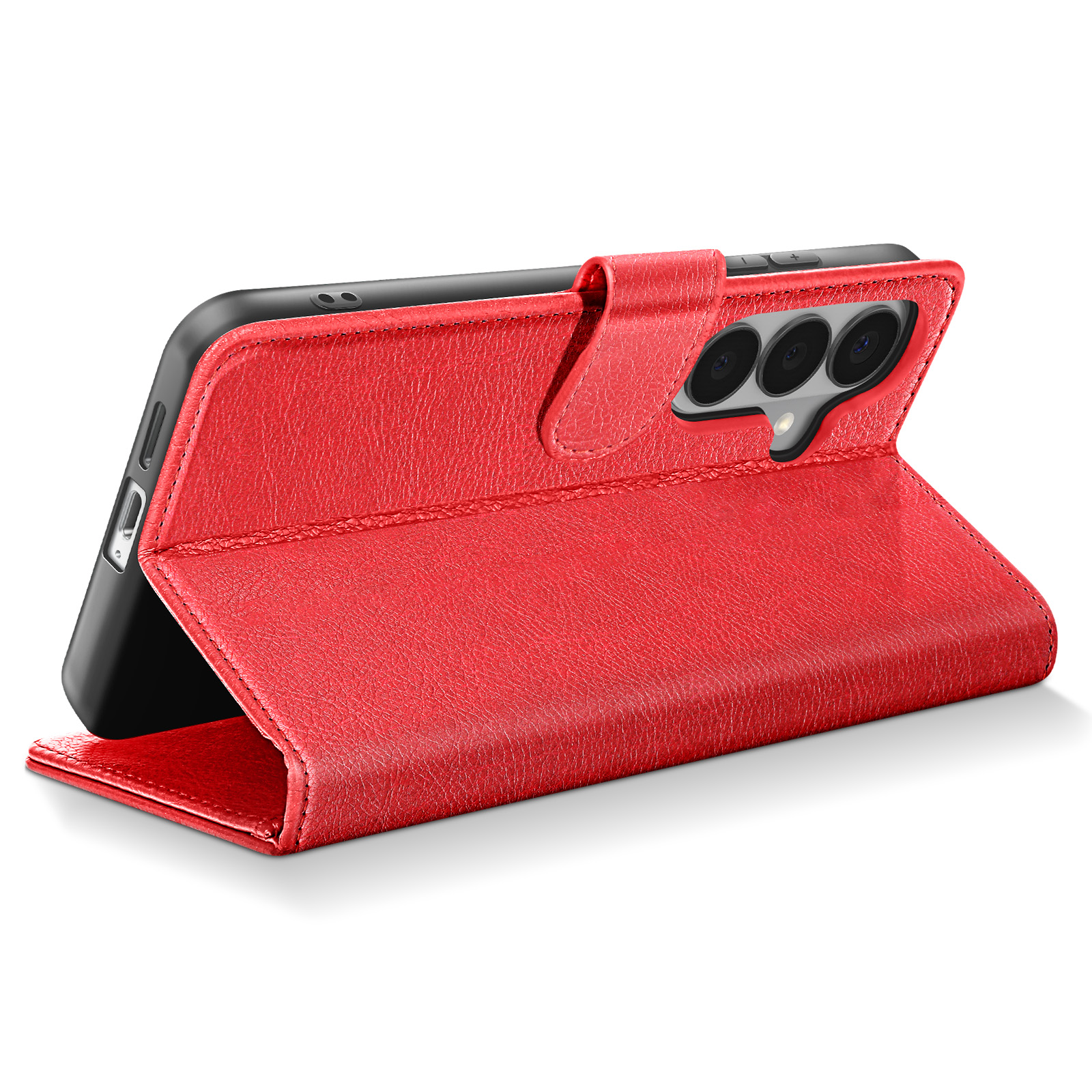 Smartphone rosso con custodia in pelle aperta, fotocamera visibile.
