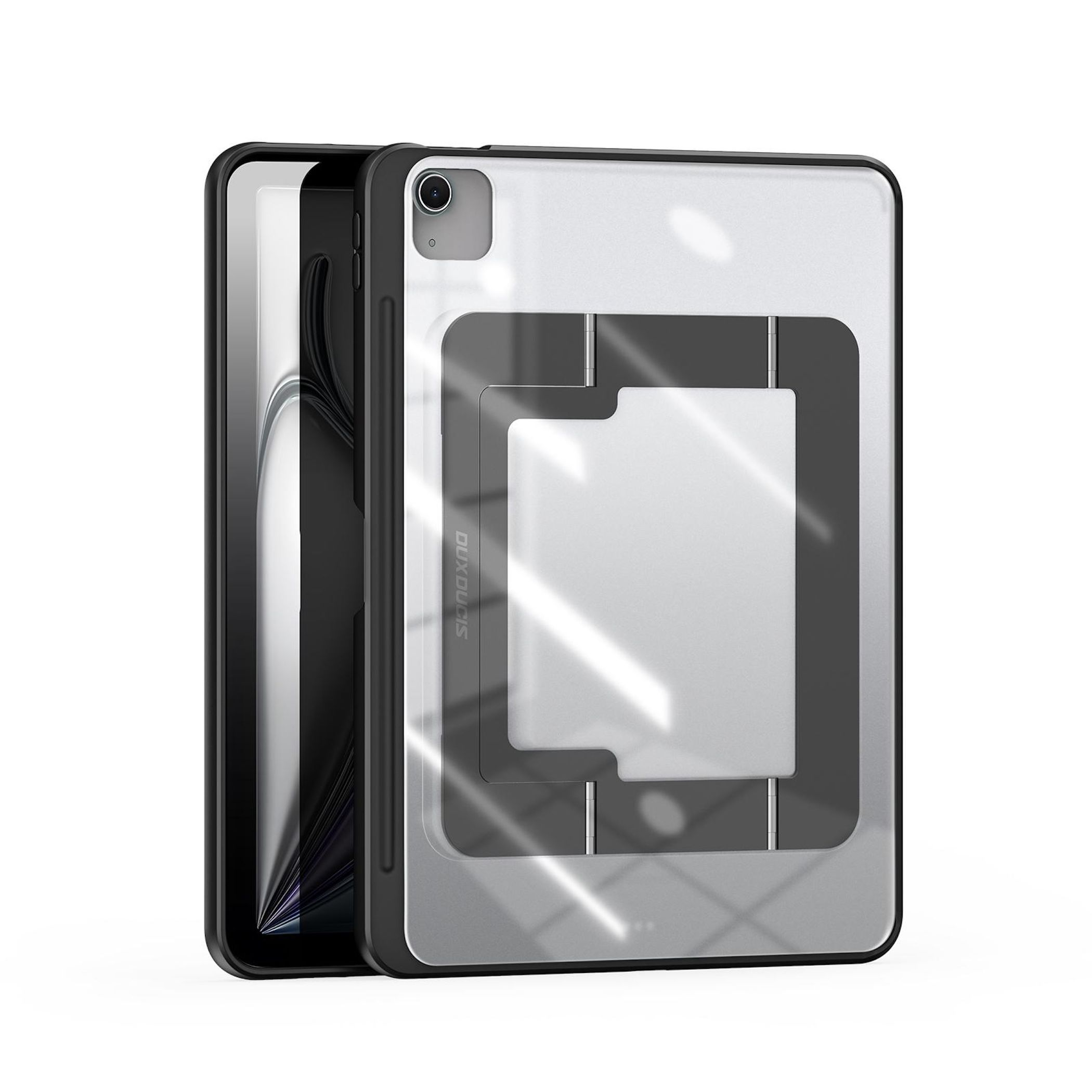 Ein silberner Tablet-Ständer mit schwarzem Rahmen ist auf weißem Hintergrund zu sehen.