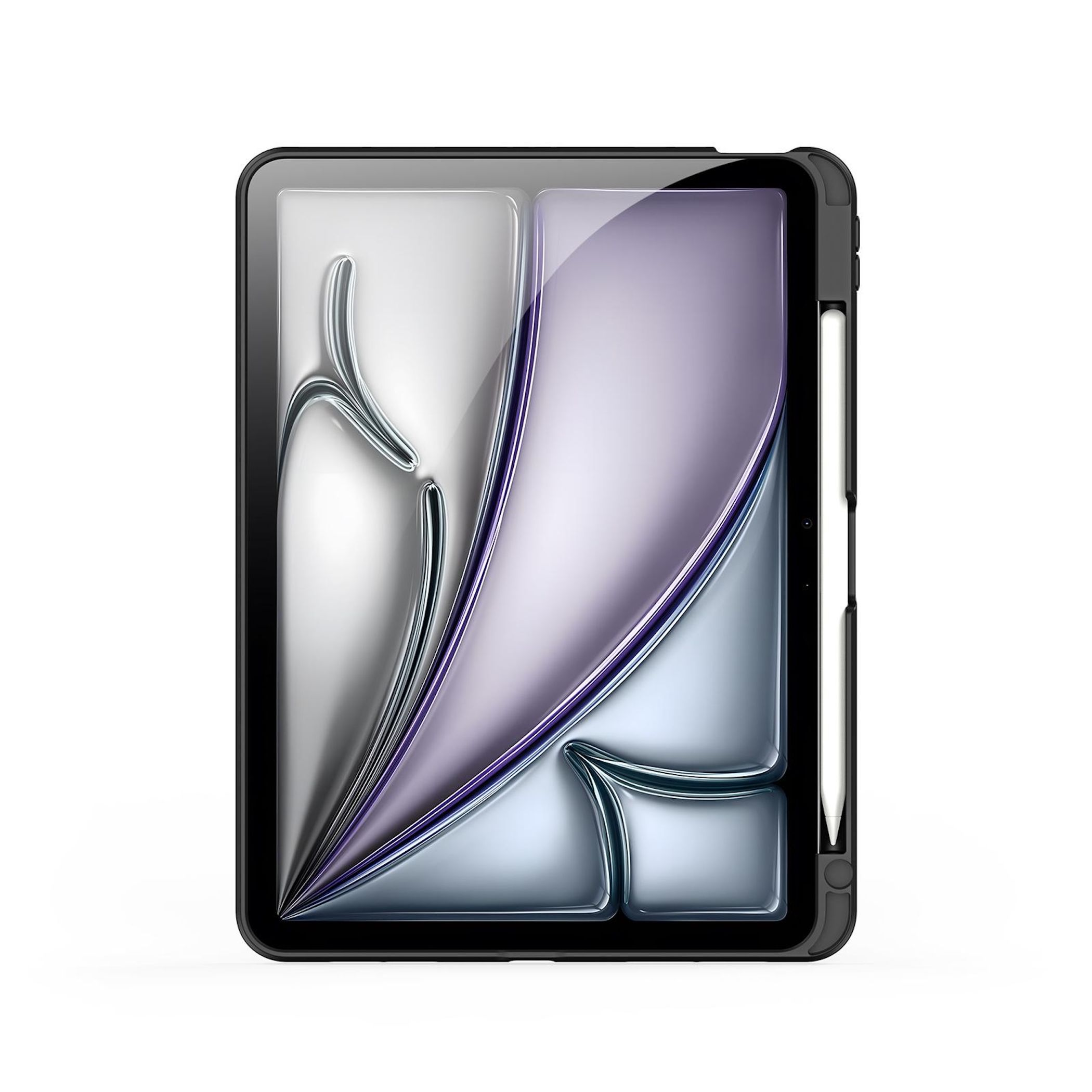 Ein schwarzes Tablet mit einem Stift daneben auf weißem Hintergrund.