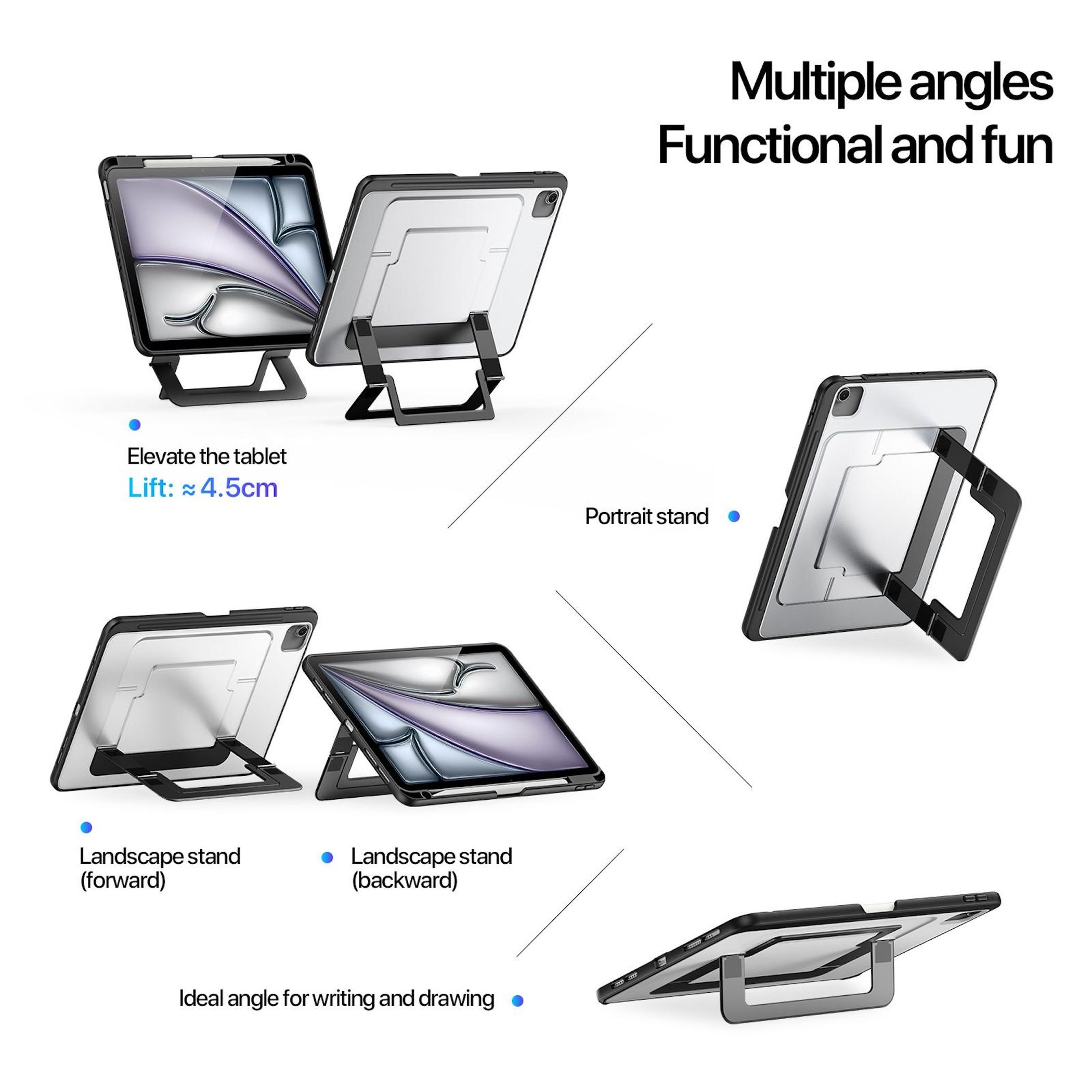 Tablet-Ständer in verschiedenen Winkeln: Hochformat, Querformat vorwärts/rückwärts.