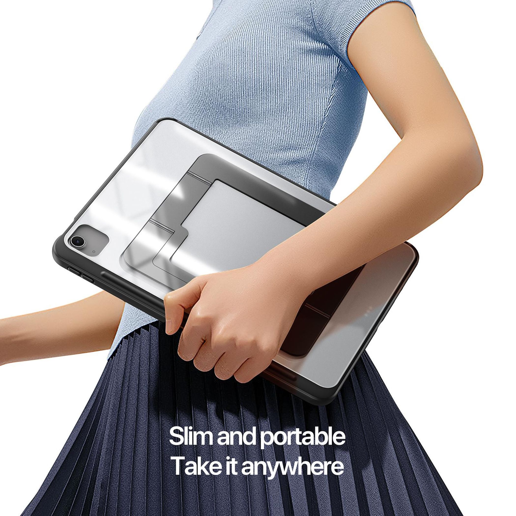Eine Person hält ein schlankes Tablet mit einem Ständer, blaue Kleidung.