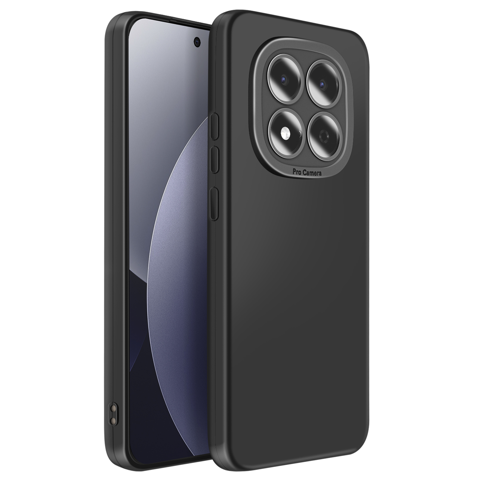 Une coque de téléphone noire avec un quadruple appareil photo.