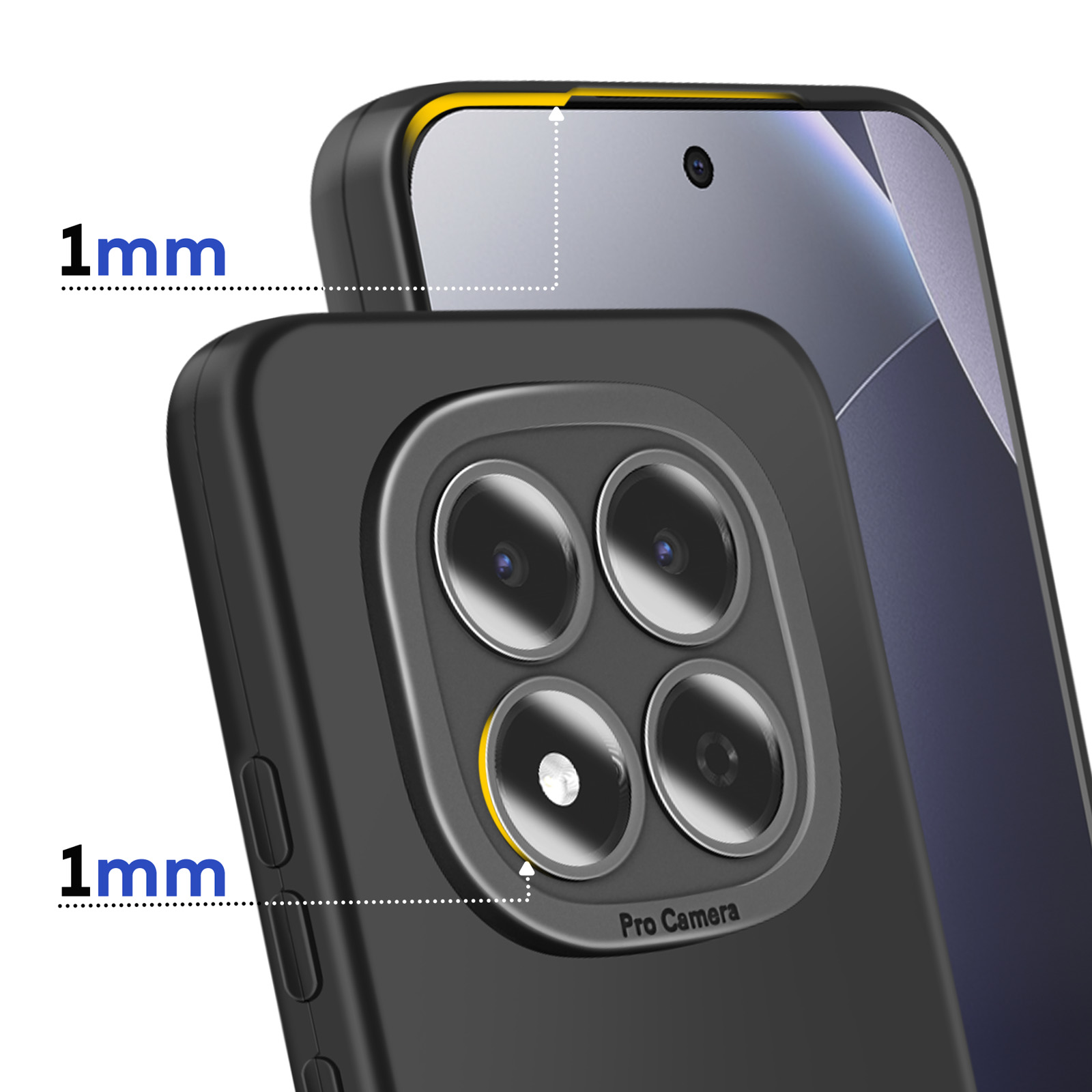 Coque de téléphone noire avec bord surélevé de 1 mm autour de la caméra Pro quadruple.