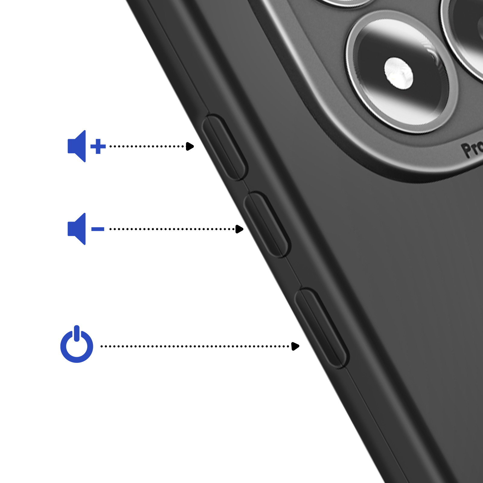Boutons de volume et bouton d'alimentation sur un smartphone noir.