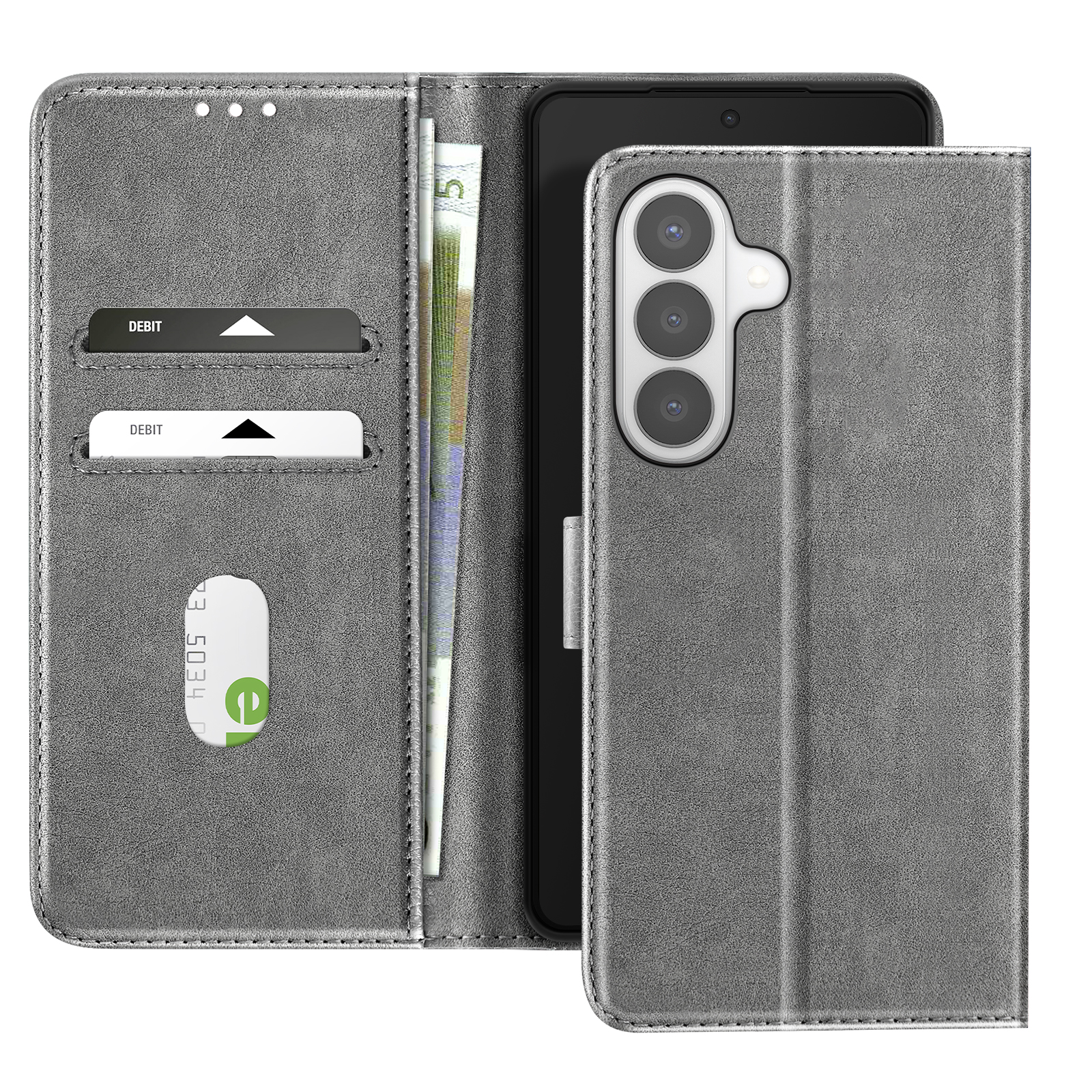 Custodia grigia per telefono con slot per carte e banconote. Smartphone con tre fotocamere.