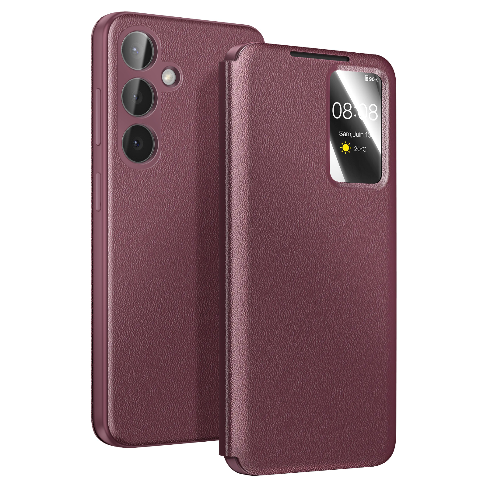 Un telefono rosso scuro con custodia a flip che mostra l'ora.