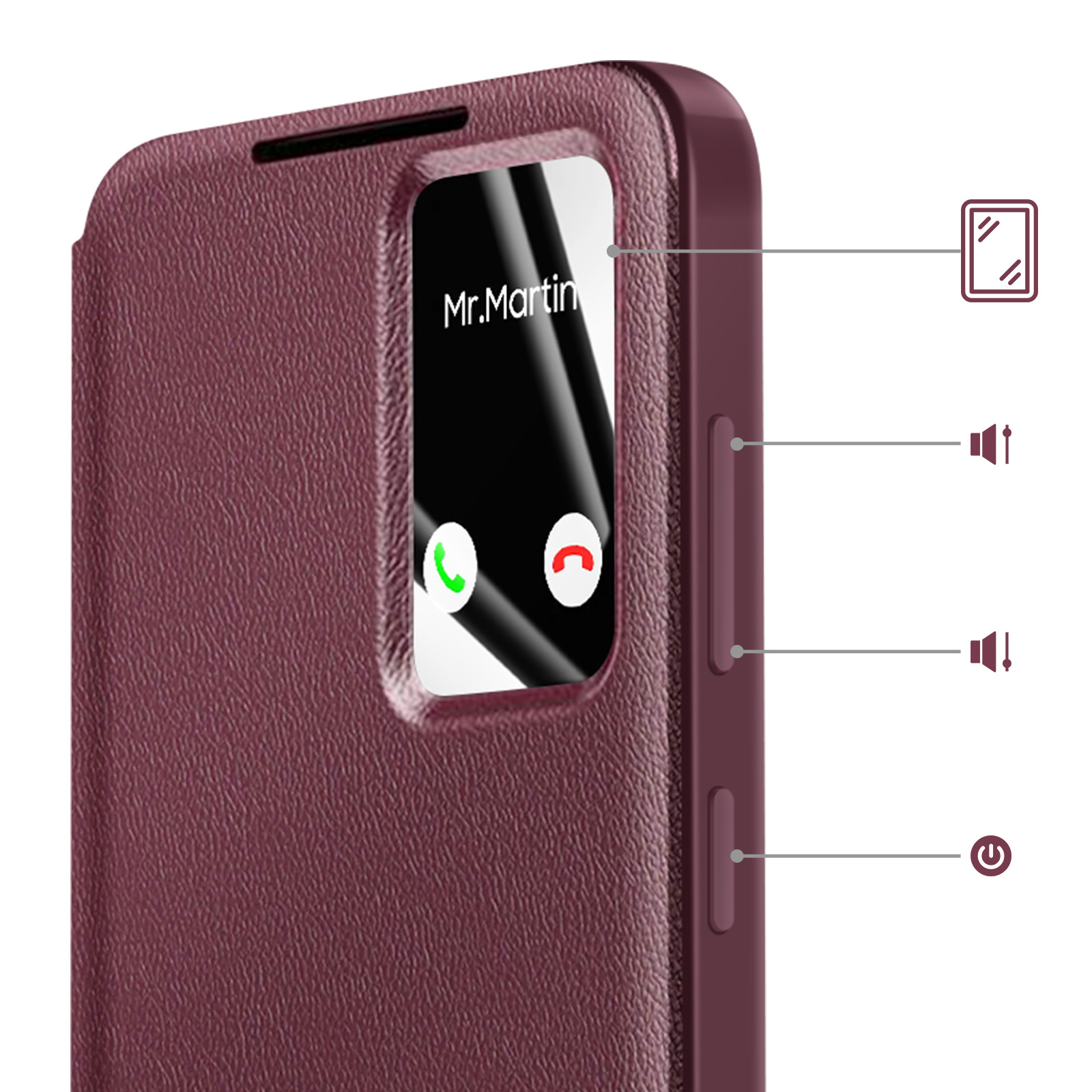 Custodia per telefono bordeaux con finestra che mostra una chiamata in arrivo.
