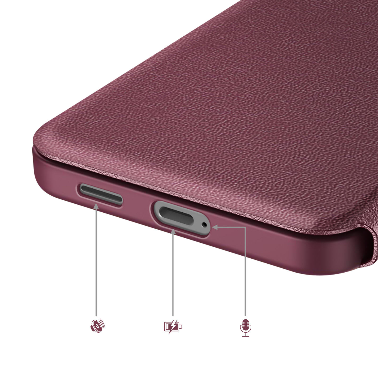 Primo piano di una custodia rosa per telefono che mostra porte per altoparlante, ricarica e microfono.