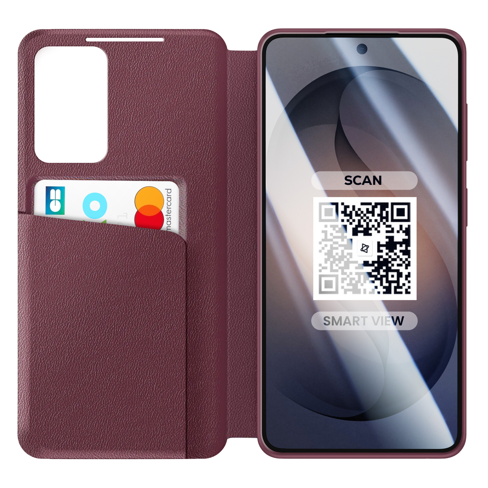 Una custodia per telefono color vinaccia con Mastercard e codice QR sullo schermo.