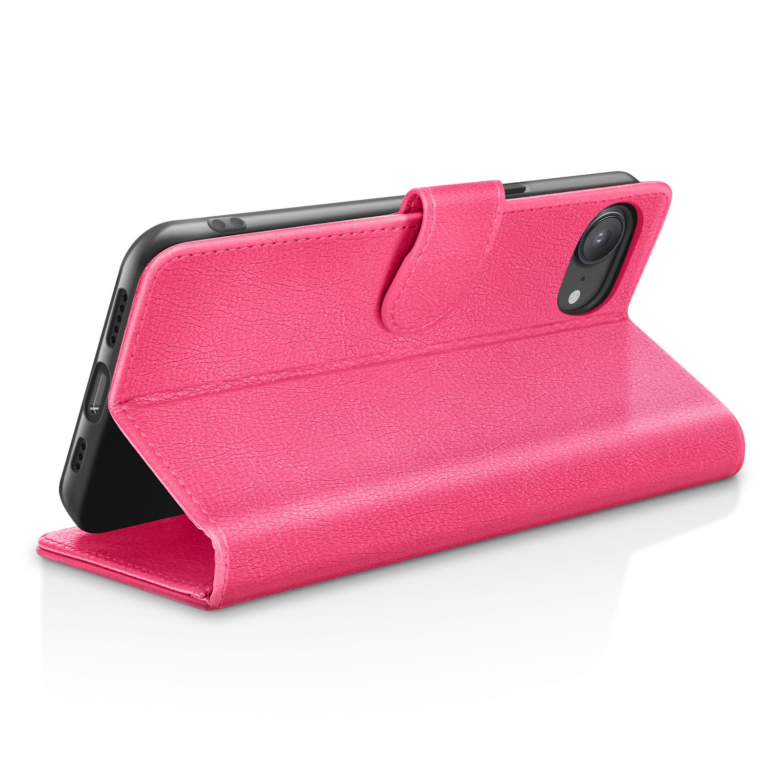 Een roze, open, flip-stijl telefoonhoesje met telefoon.