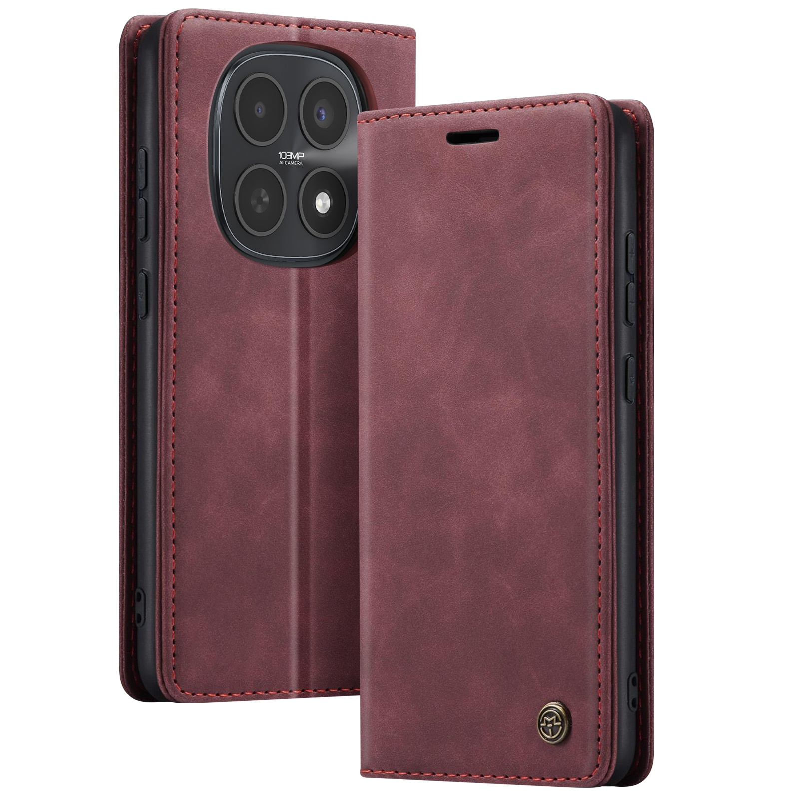 Una custodia a libro in pelle rosso scuro per smartphone con quad camera.