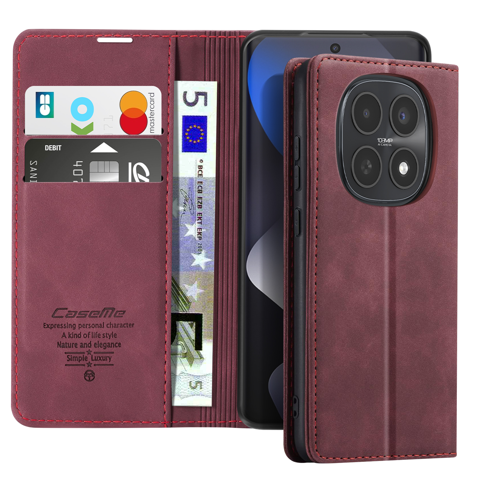 Custodia per telefono bordeaux con slot per carte, contanti e fotocamera