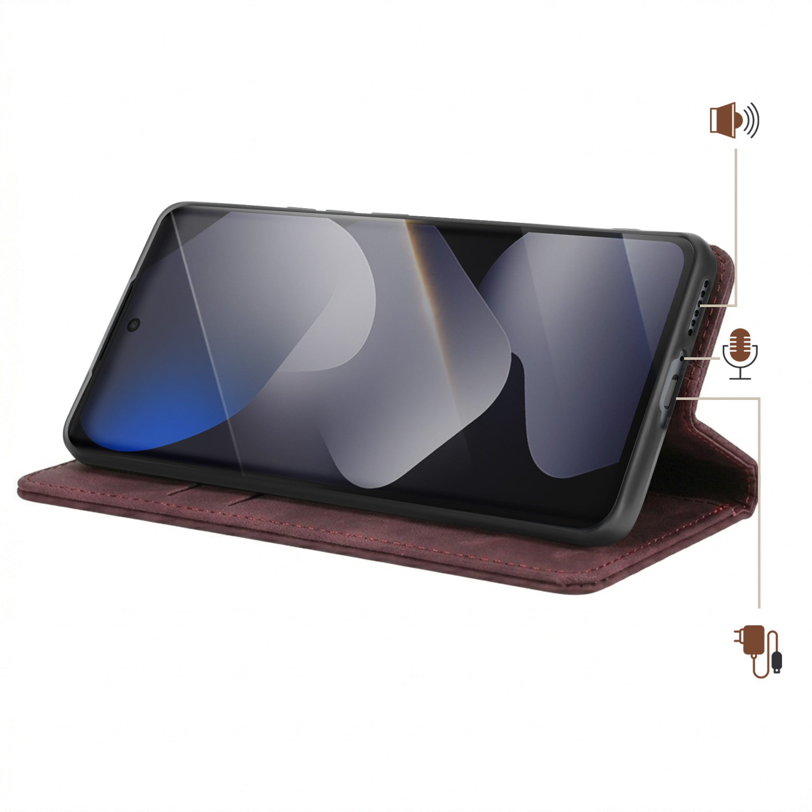 Custodia a libro rosso scuro con smartphone nero, icone microfono e altoparlante.