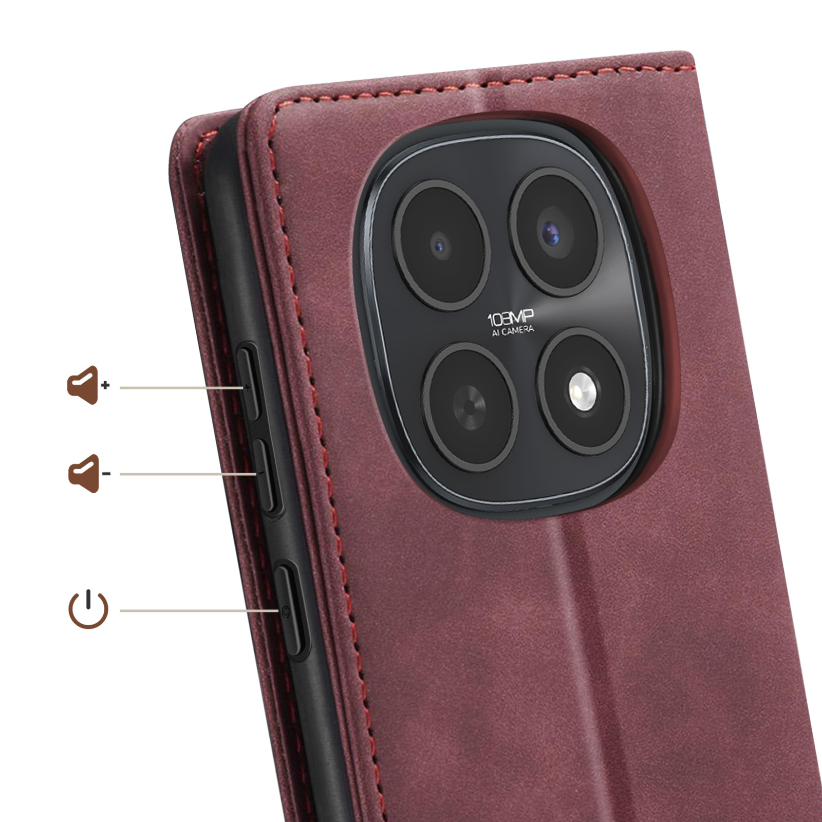 Custodia rossa per telefono con sistema di fotocamere e pulsanti laterali.