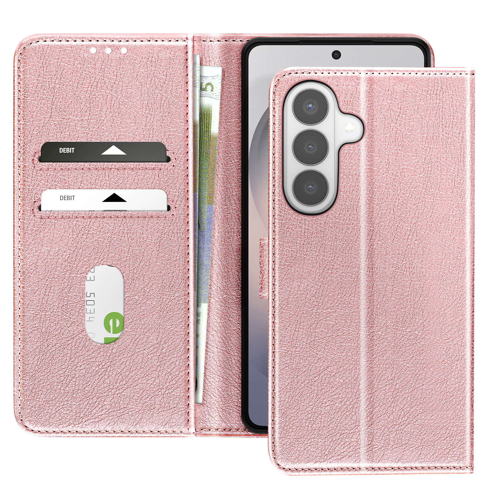 Una custodia per telefono rosa oro con slot per carte e banconote.
