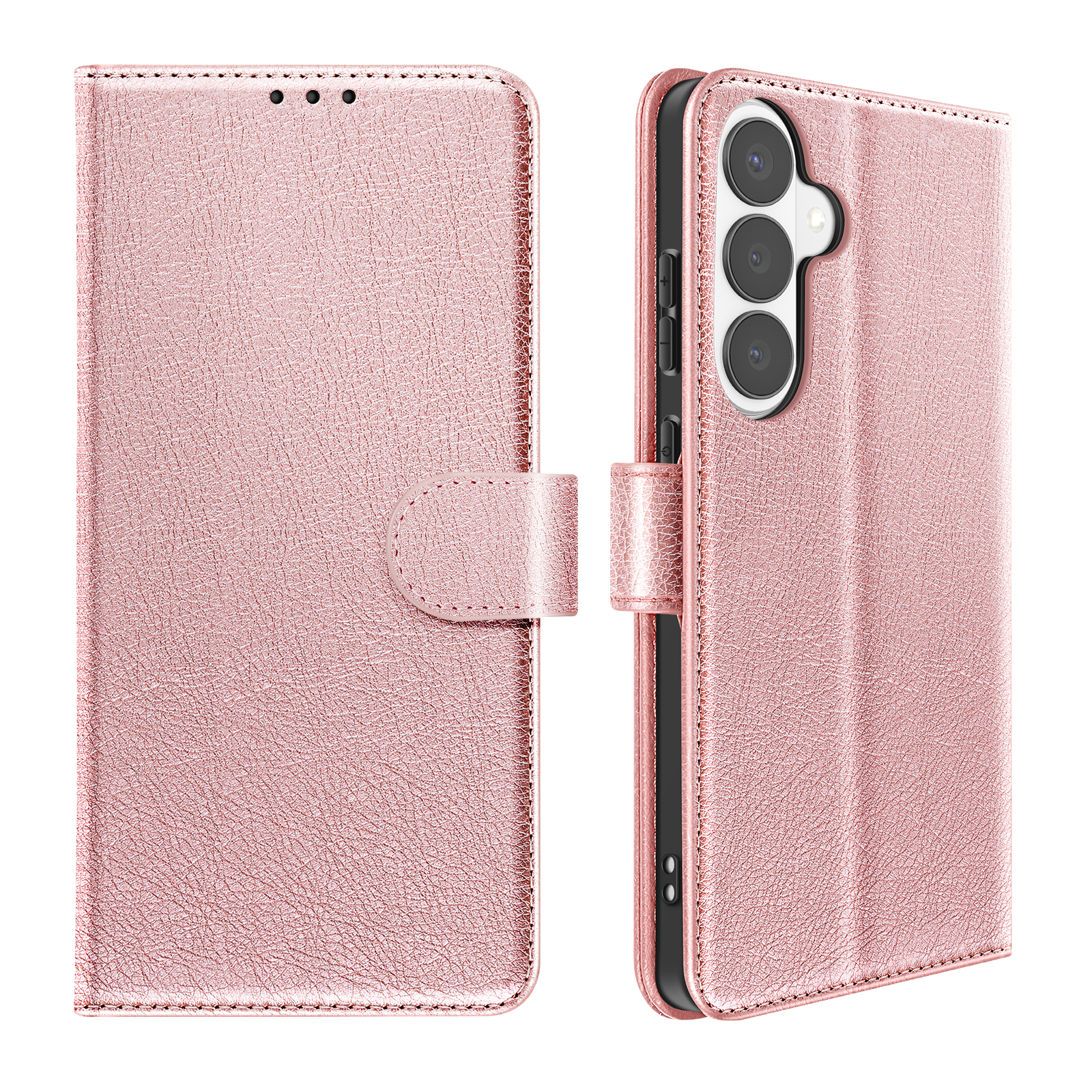 Custodia rosa oro per telefono con patta e foro fotocamera.