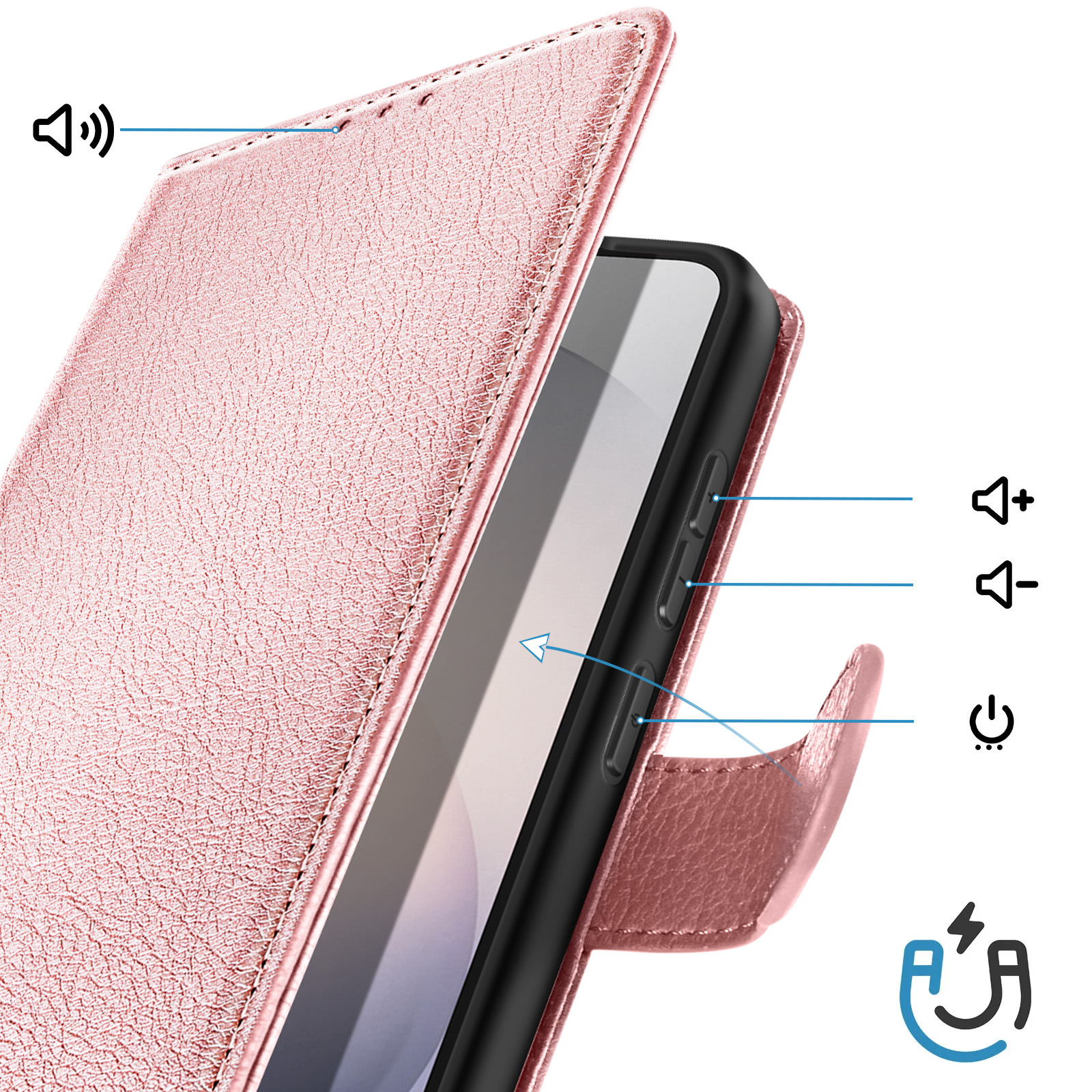 Custodia rosa per telefono con pulsanti e icone per volume, muto e accensione.