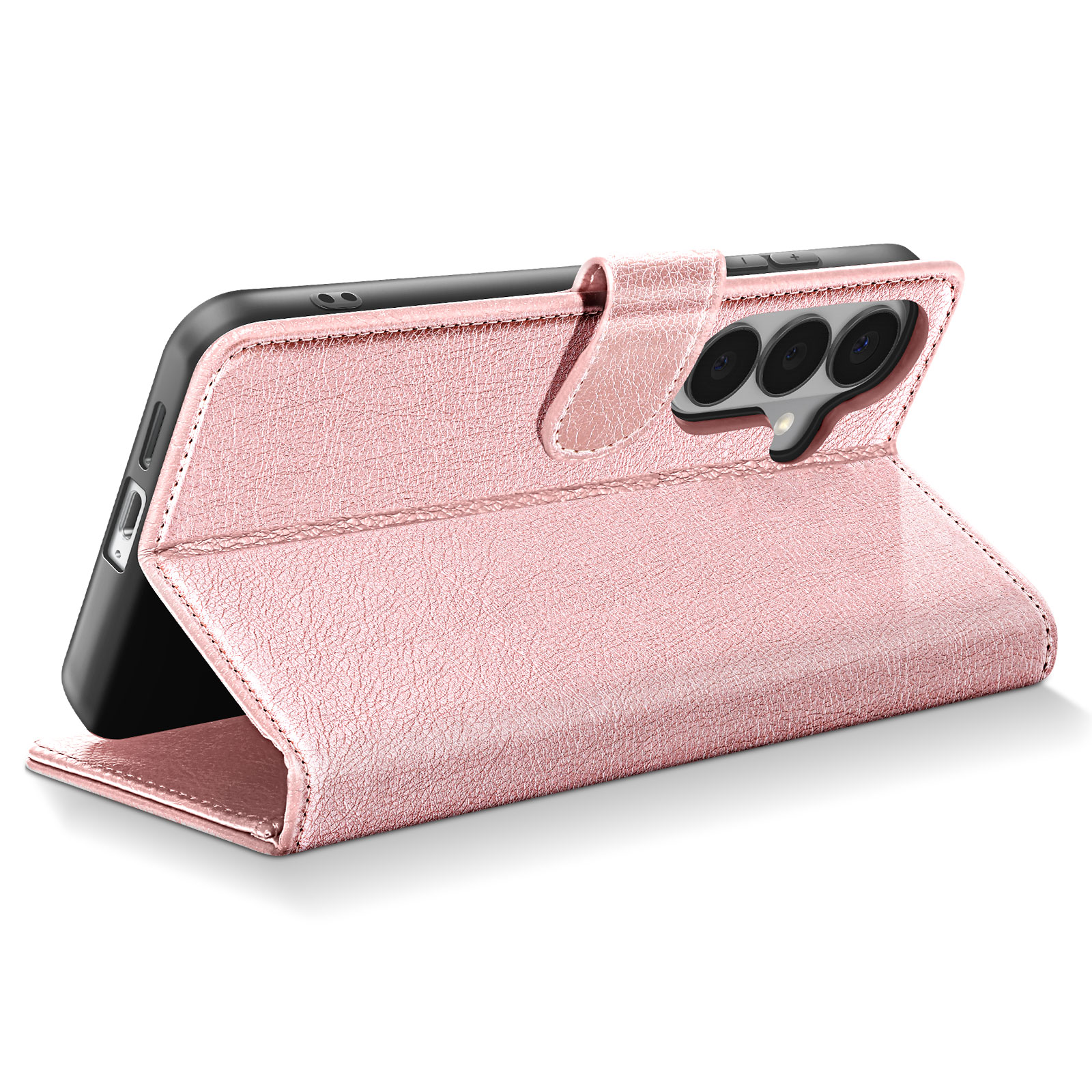Una custodia rosa per telefono aperta, con tre obiettivi della fotocamera.