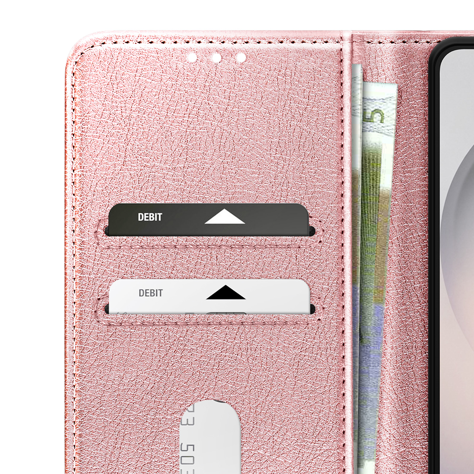 Portafoglio rosa con fessure per carte, banconote e telefono.