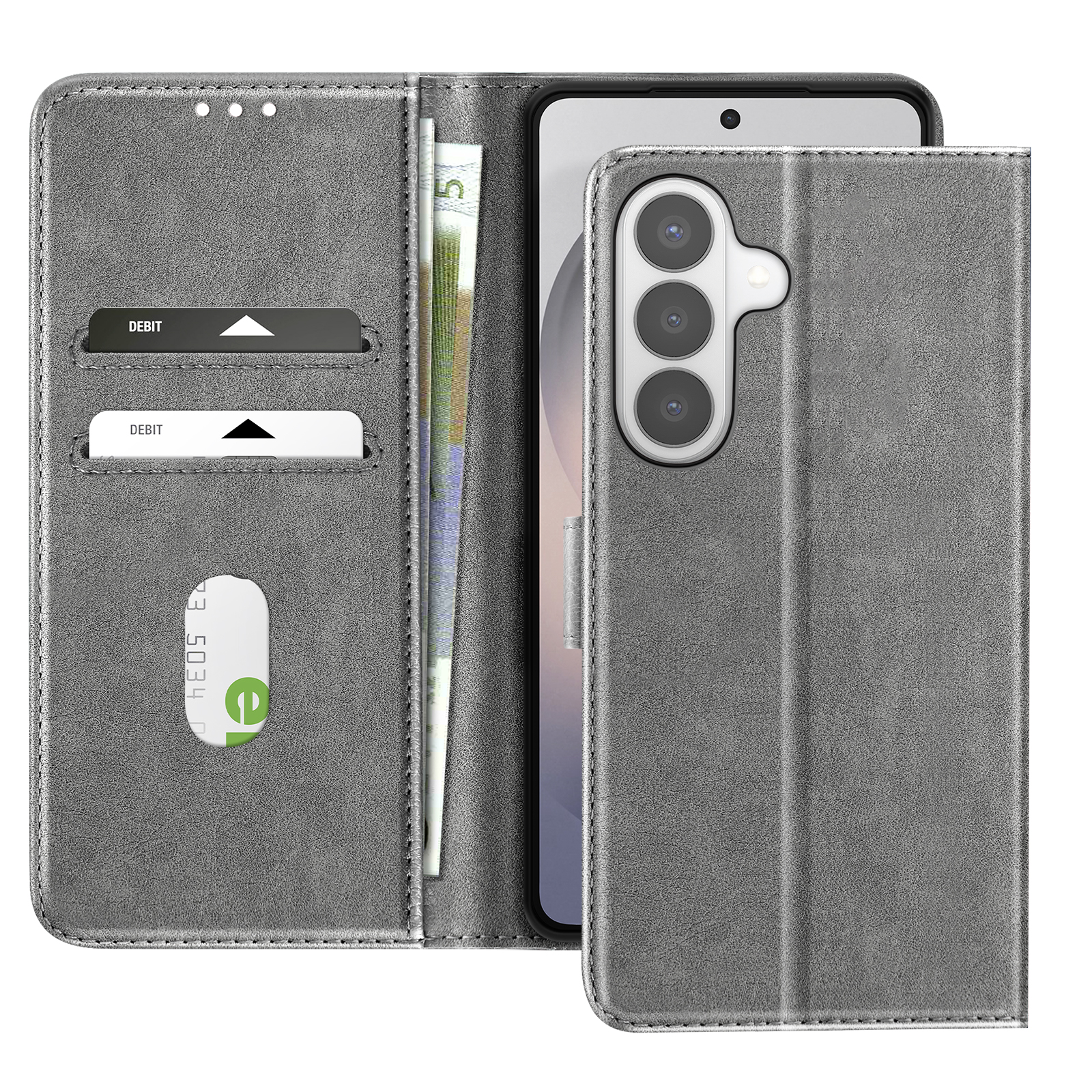 Custodia grigia per telefono con slot per carte, banconote e tre lenti.