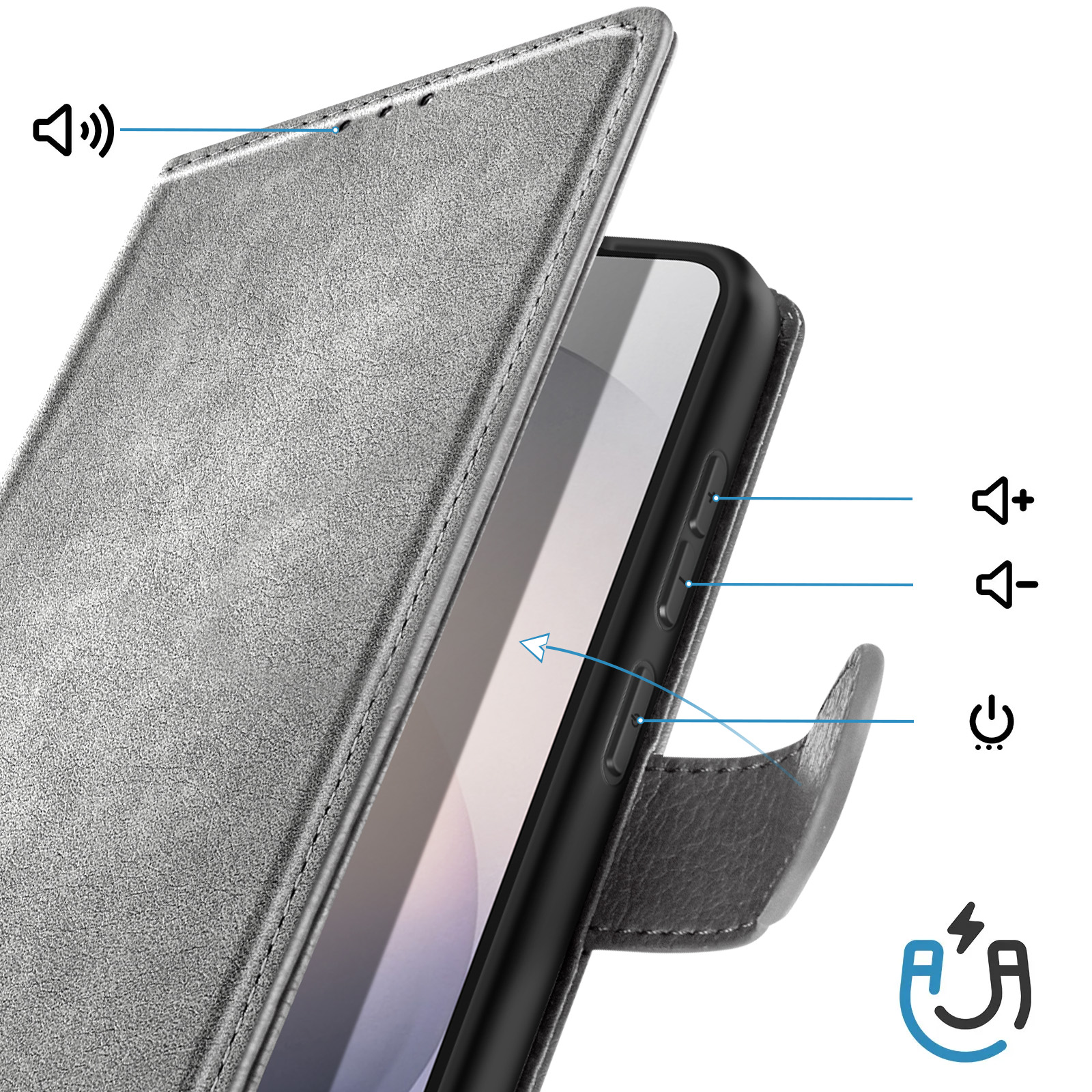 Custodia a libro grigia per telefono con icone volume, accensione e chiusura magnetica.