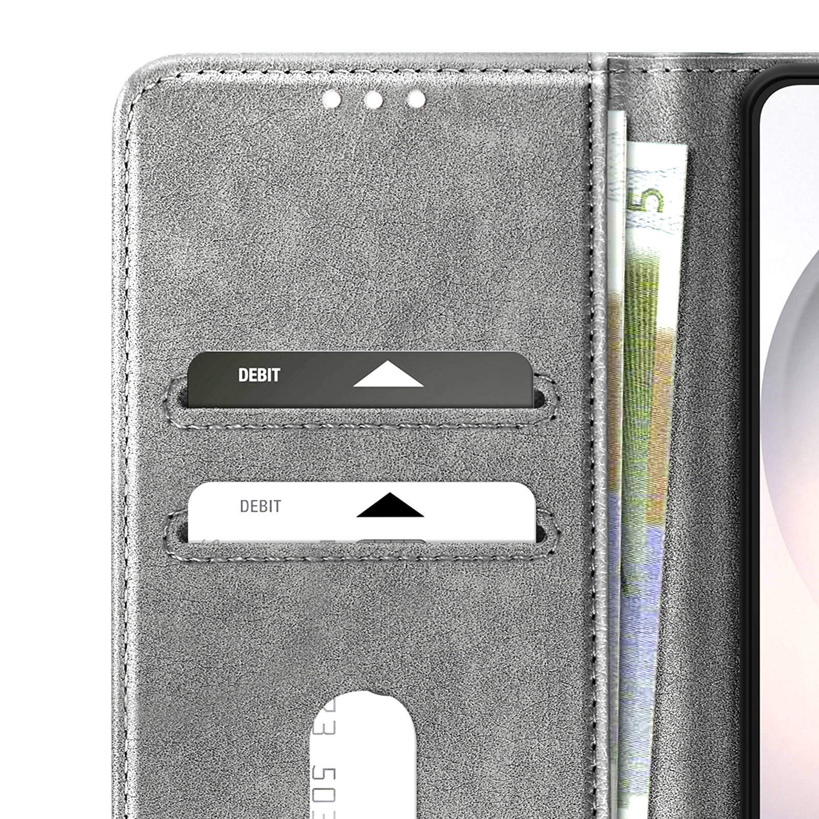 Portafoglio grigio con fessure per carte, banconote e un telefono.
