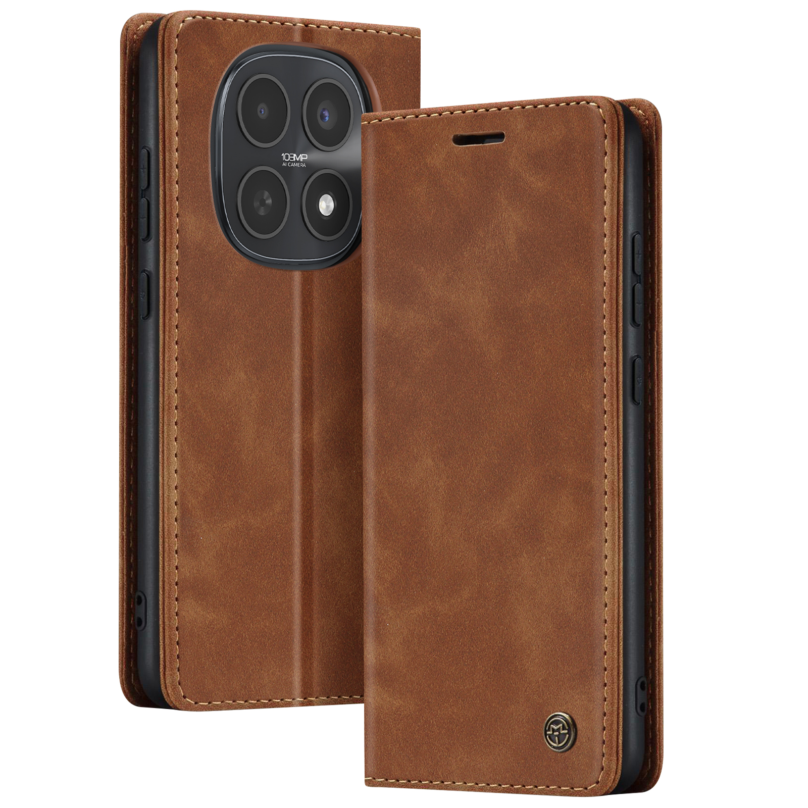 Custodia in pelle marrone per smartphone con setup a quattro fotocamere.
