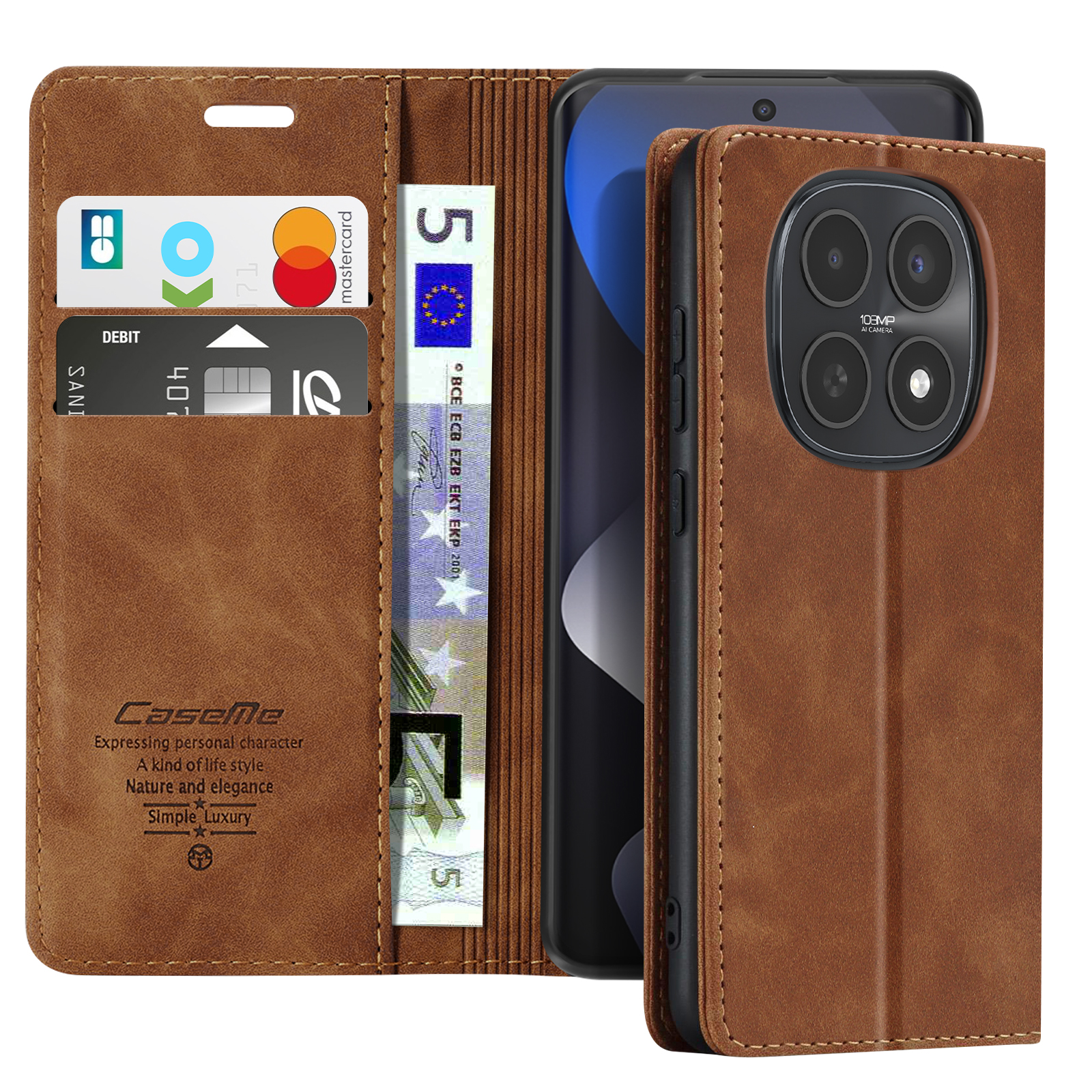 Custodia in pelle marrone con slot per carte, banconote e fotocamera quadrupla.