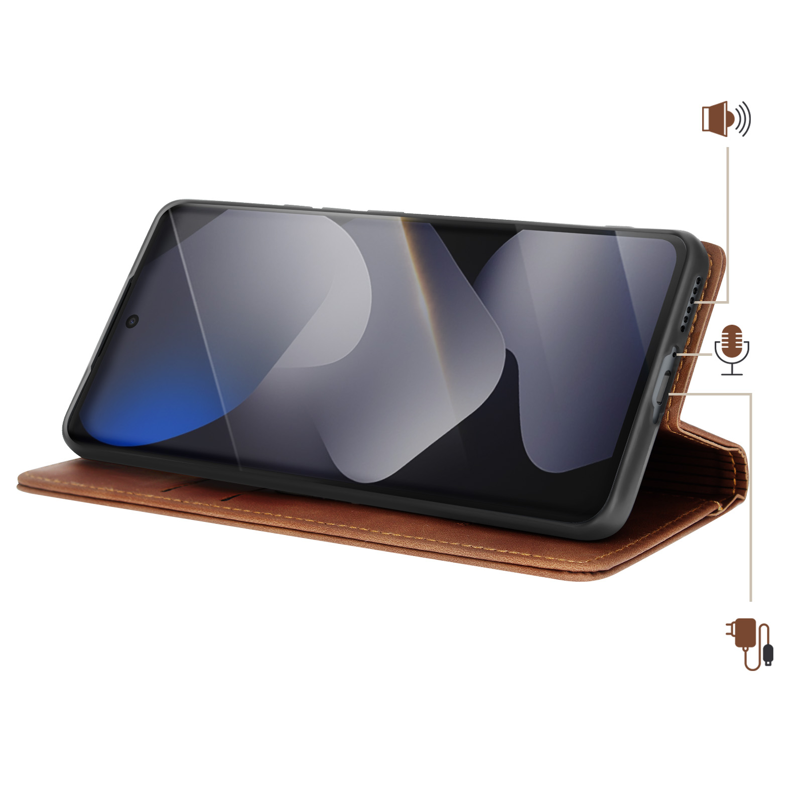Custodia marrone con smartphone. Icone per audio, microfono e caricabatterie.