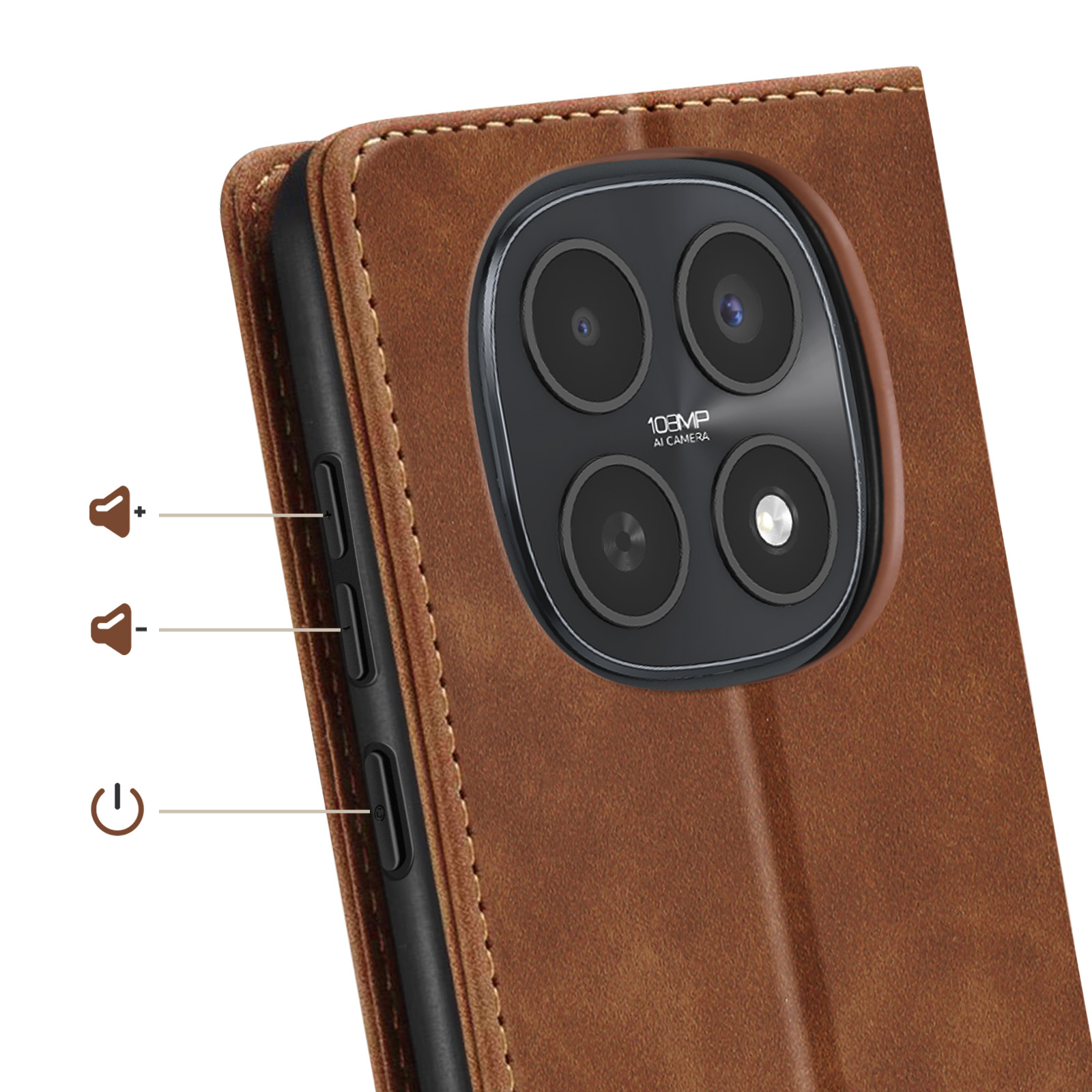 Custodia marrone per telefono con sistema di fotocamere e pulsanti laterali.