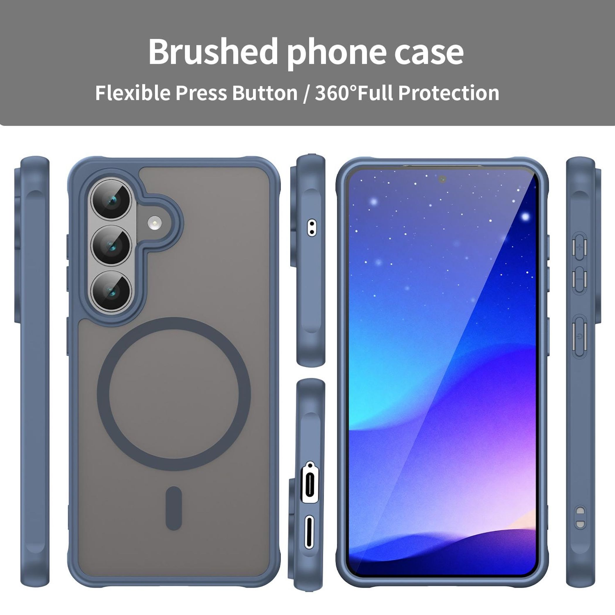 Funda de teléfono azul con trasera transparente y triple cámara.