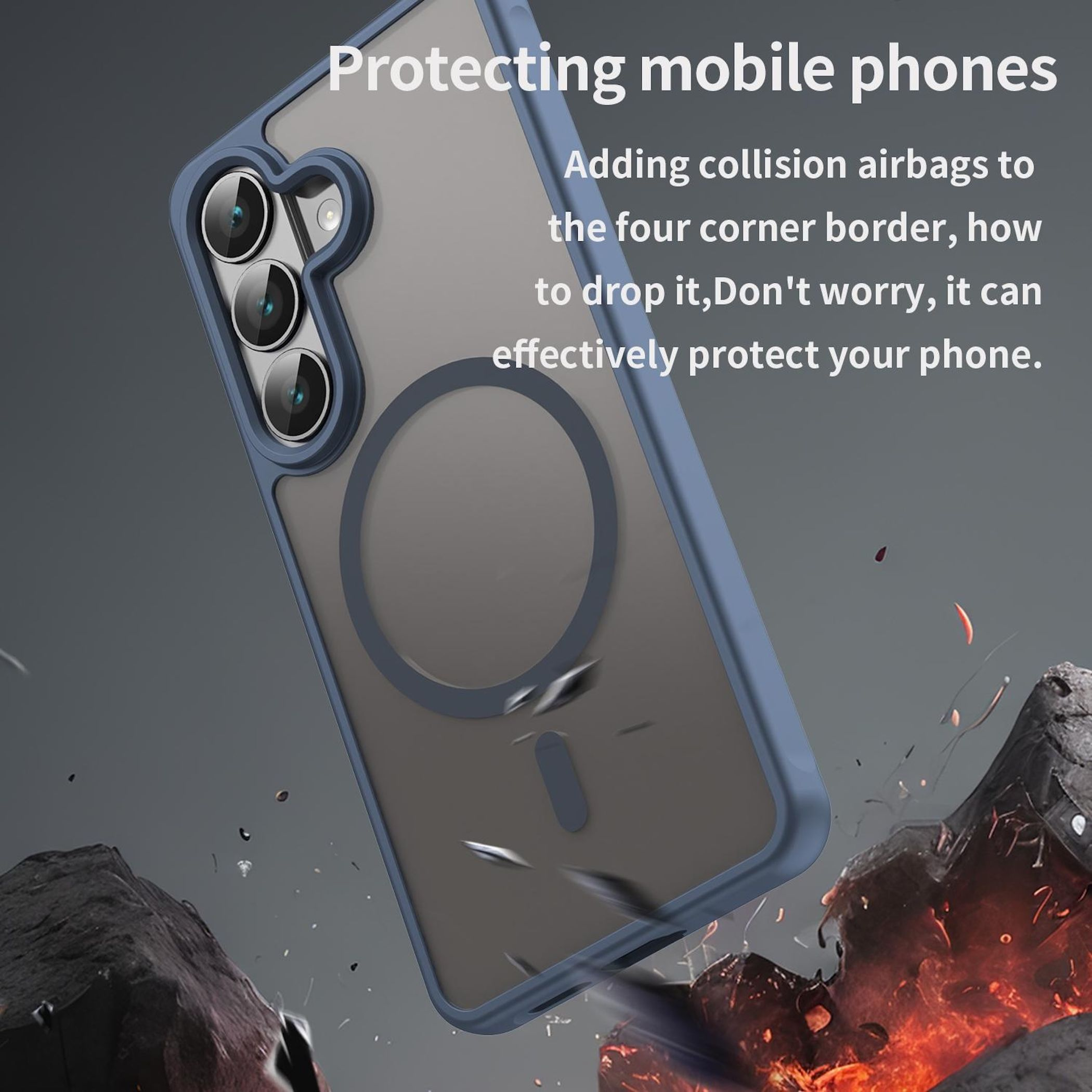 Funda azul para teléfono con tres cámaras, protegida de rocas cayendo.