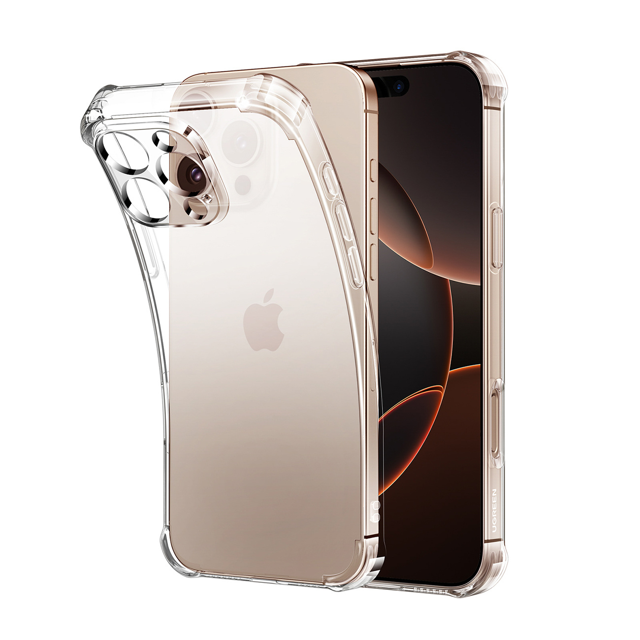 Przezroczyste etui na iPhone ze wzmocnionymi narożnikami chroni złoty iPhone.