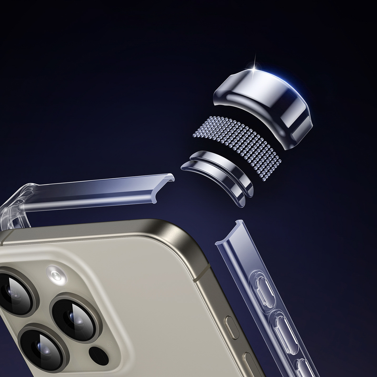 Smartfon z przezroczystym etui i metalowymi akcentami, pokazany szczegółowo.
