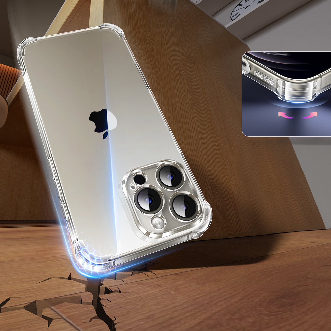 Przezroczyste etui na telefon z ochroną narożników na drewnianej podłodze.