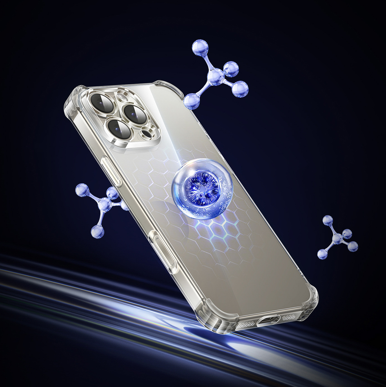 Przezroczyste etui na telefon z wzorem plastra miodu i niebieskimi strukturami molekularnymi.