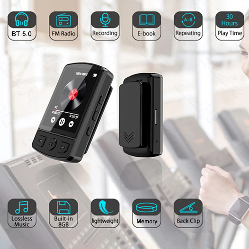 Ein schwarzer MP3-Player mit Clip, der BT 5.0, FM-Radio, Aufnahme, E-Book, Wiederholung, 30 Std. Wiedergabezeit anzeigt.
