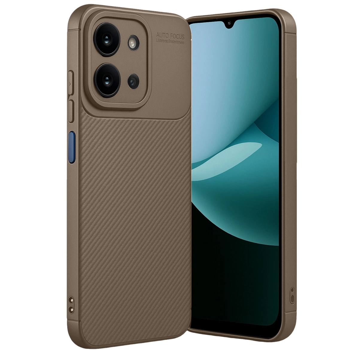 Kamera modülü ve telefon ekranının bir kısmını içeren kahverengi kılıf.