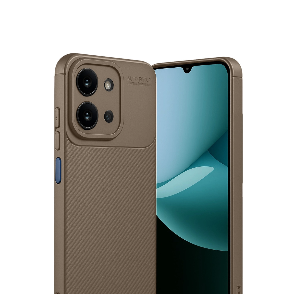 Kamera kesimli ve ekranlı kahverengi telefon kılıfı.