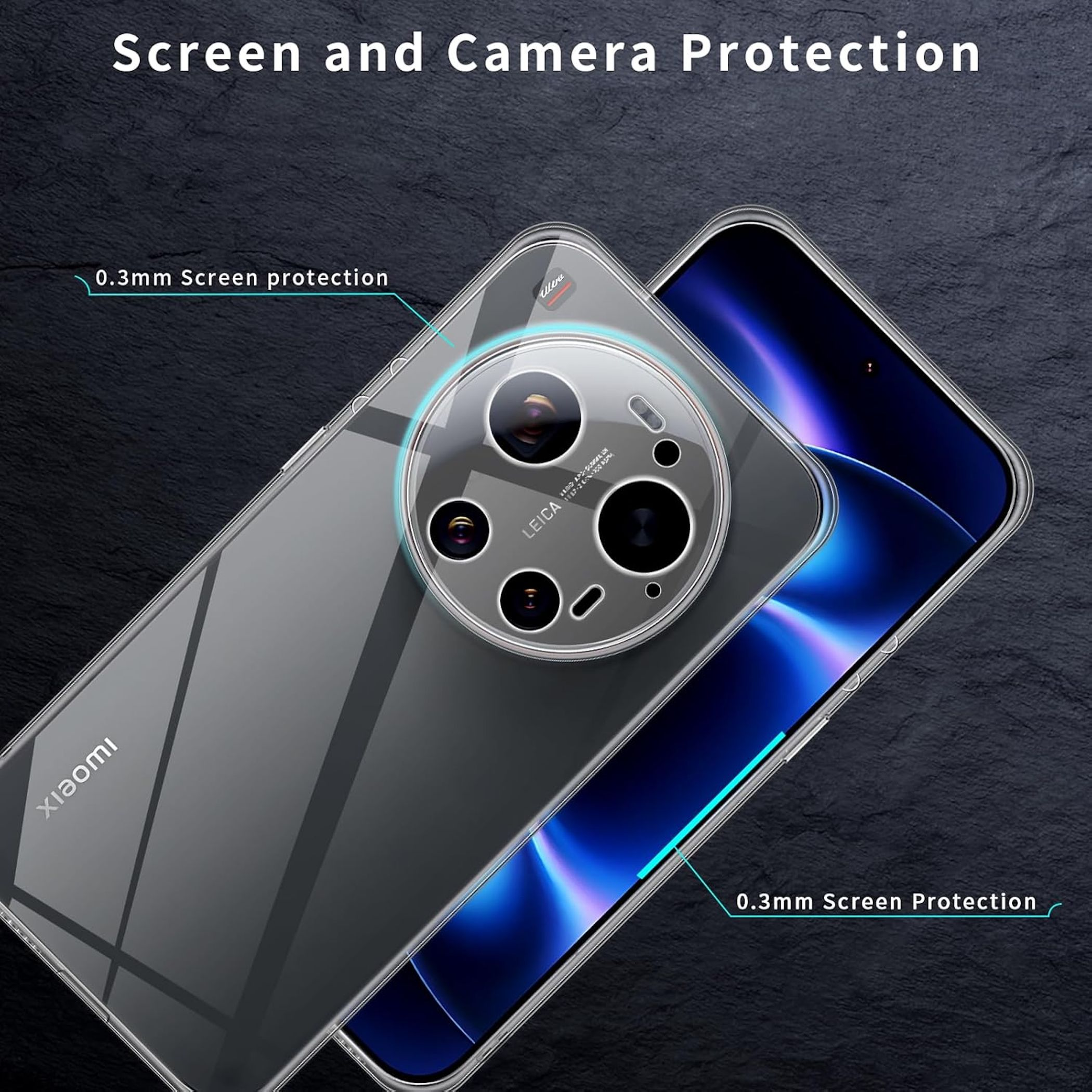 Klarer Schutz für Handy mit Leica-Kamera und blauer Bildschirmanzeige.