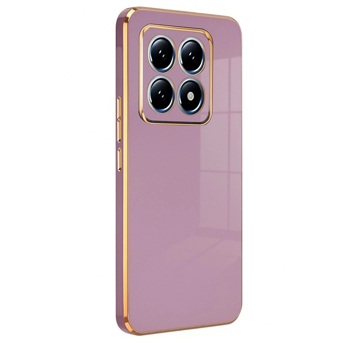 Dört kameralı, altın çerçeveli mor telefon kılıfı.