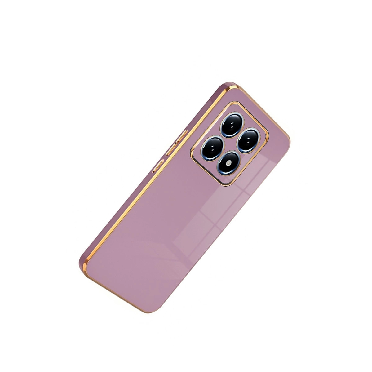 Dört kameralı, altın kenarlı mor akıllı telefon arka yüzü.