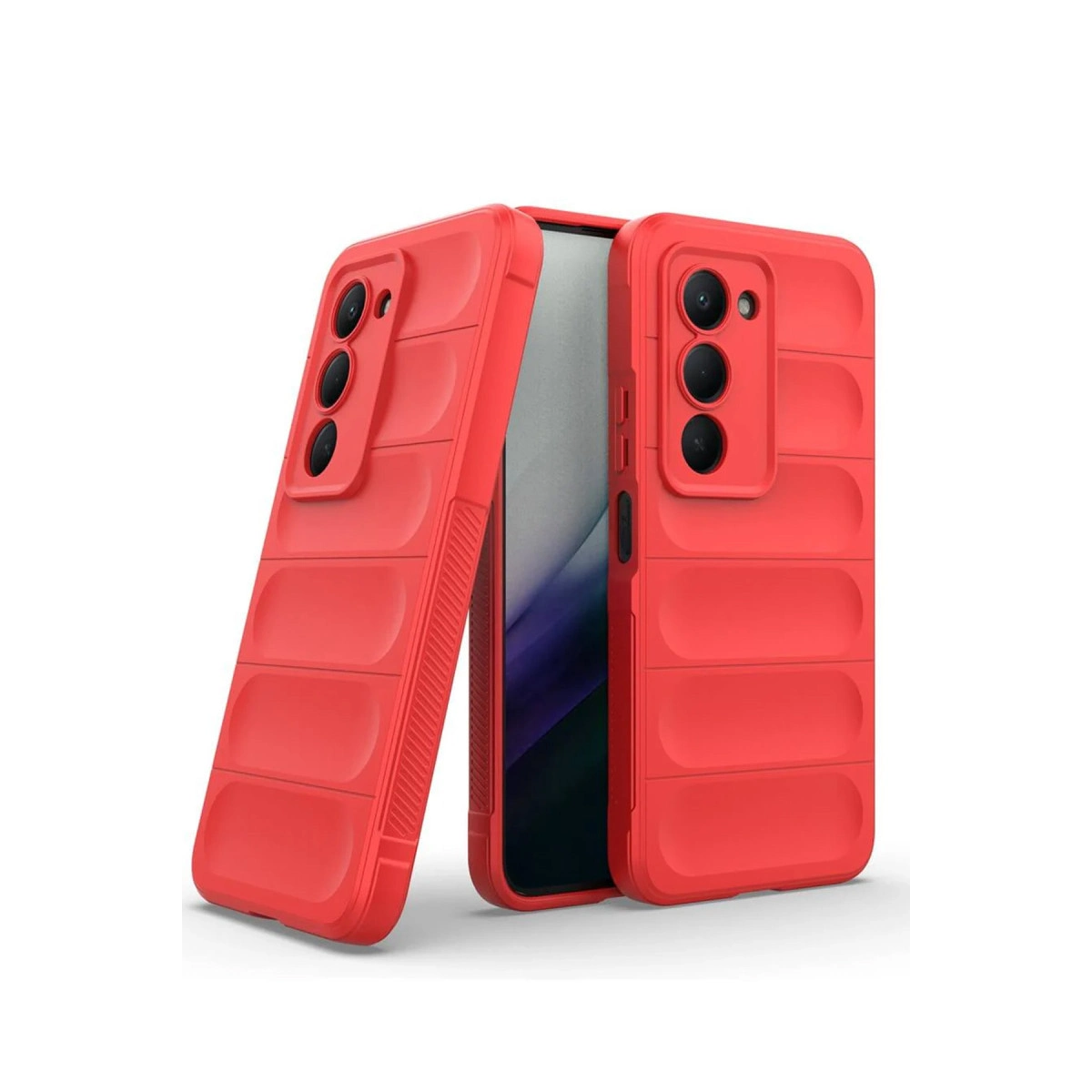 Yatay çıkıntılı ve kamera modüllü iki kırmızı telefon kılıfı beyaz arka planda.