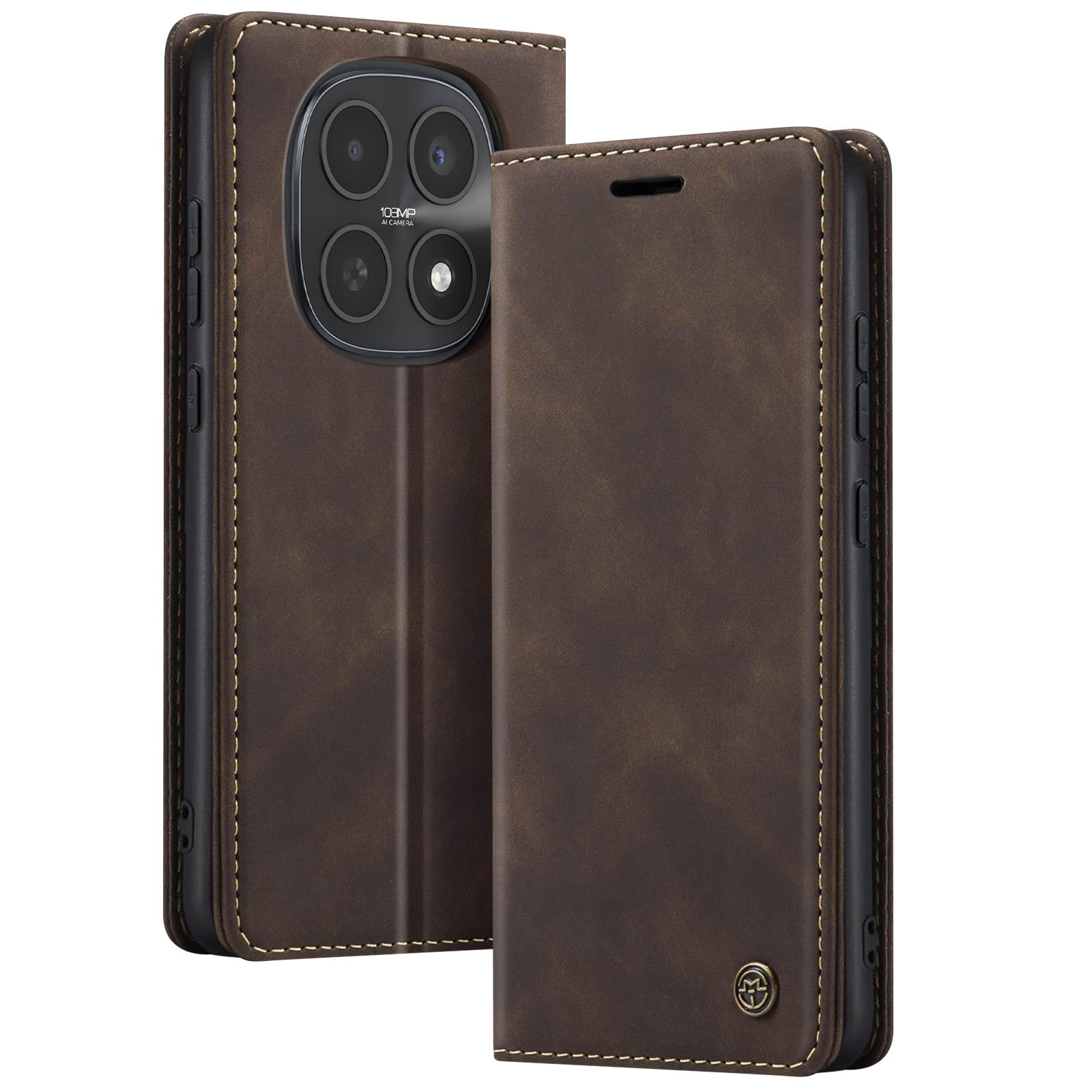 Custodia in pelle marrone per smartphone, con sistema di fotocamere.