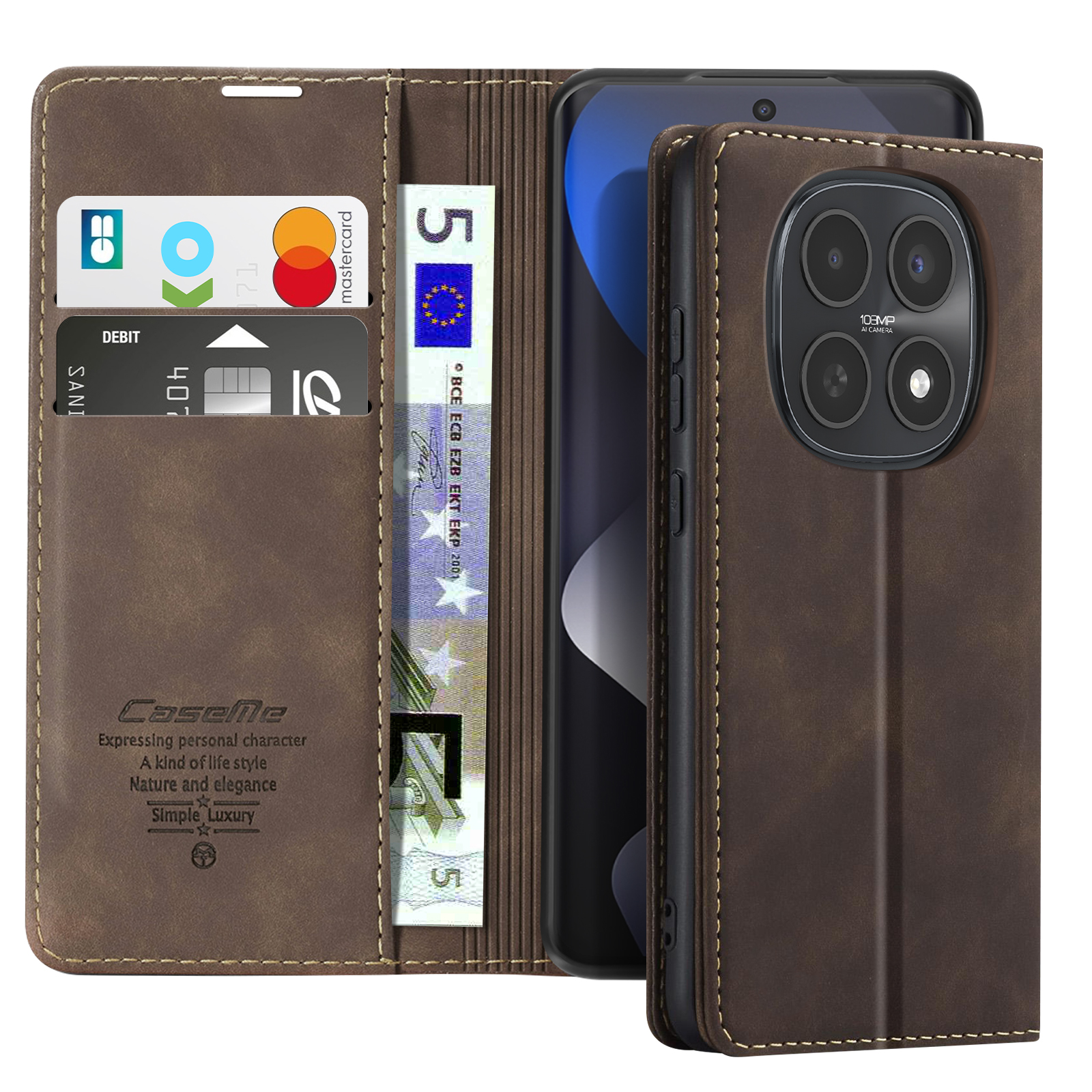 Custodia in pelle marrone con telefono, carte e banconota euro.