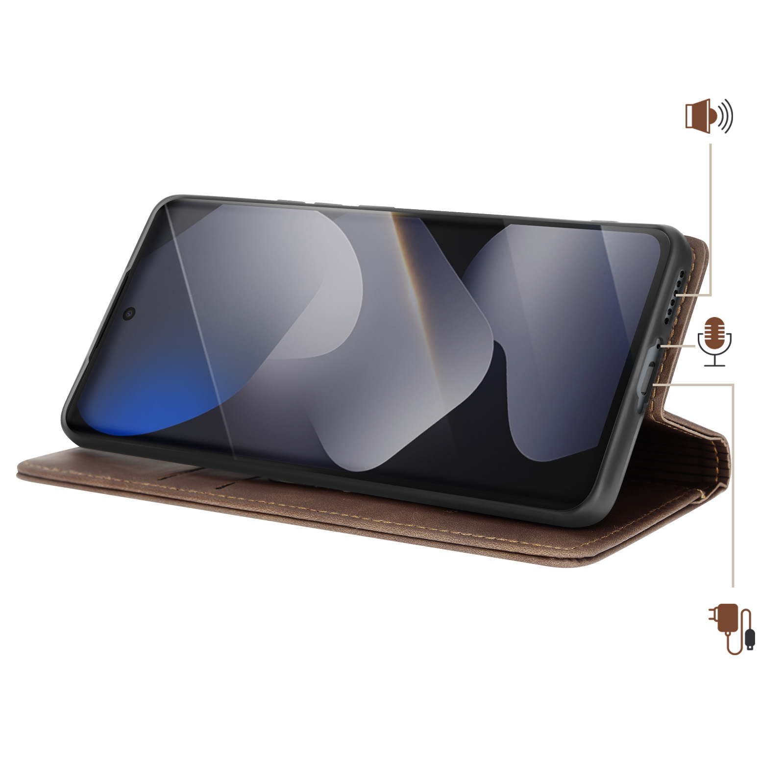 Custodia in pelle marrone con smartphone, icone altoparlante e microfono.